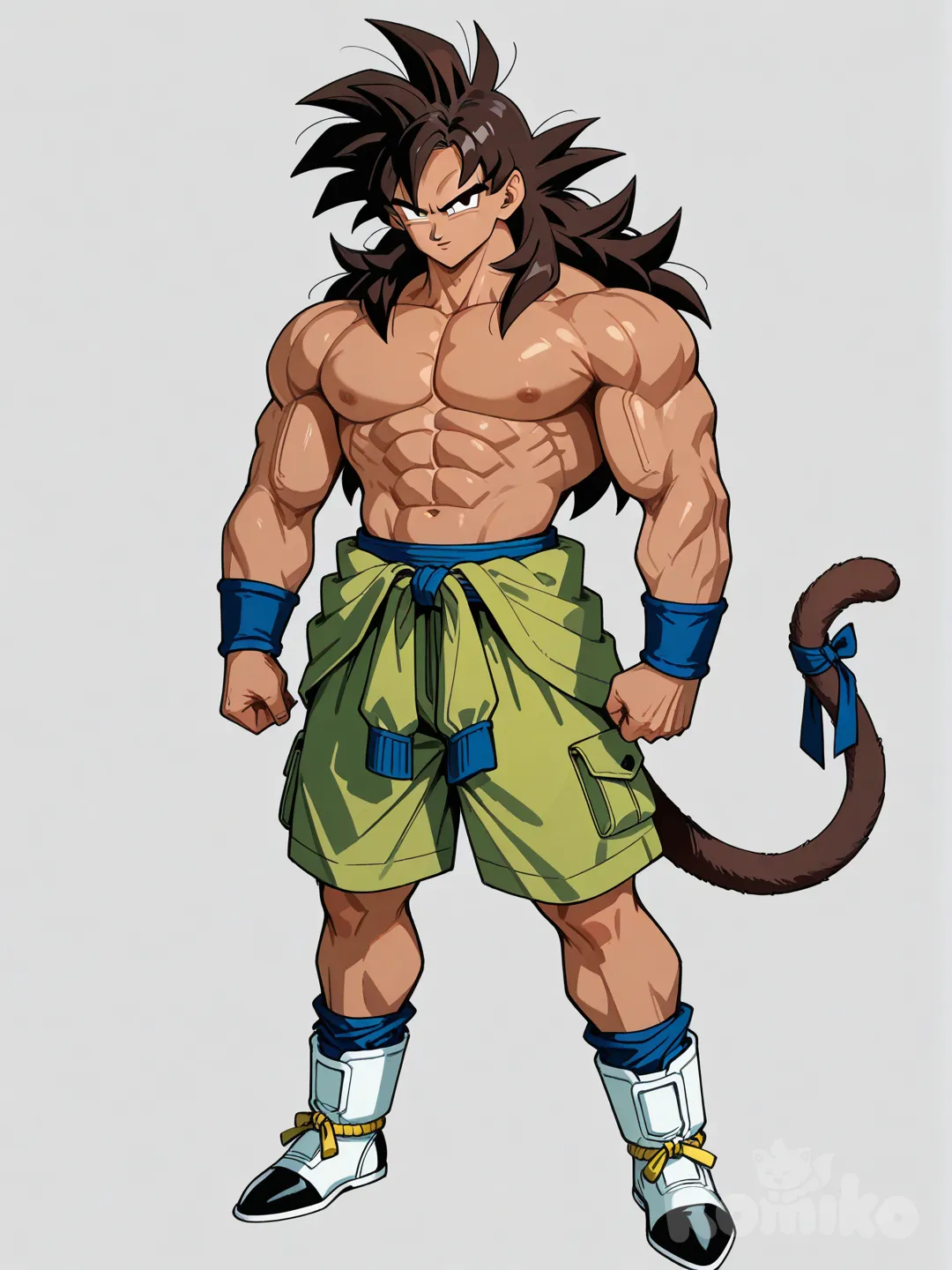 dark skinned saiyan, dragonball style, 6'4, muscular build, Tail wrapped around waist. cargo shorts with no shirt, long dark brown hair