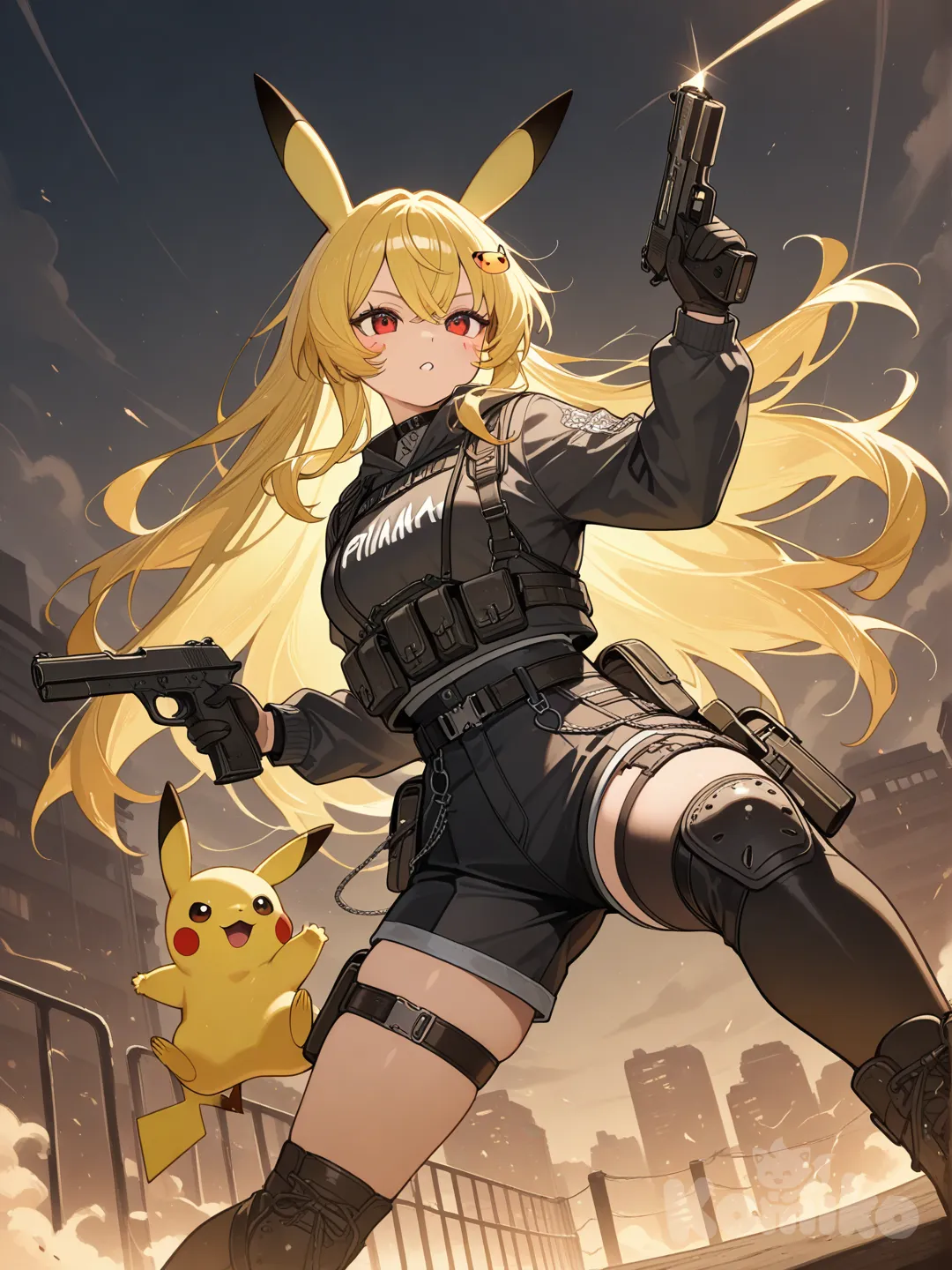 pikachu, holding gun, mother and daughter