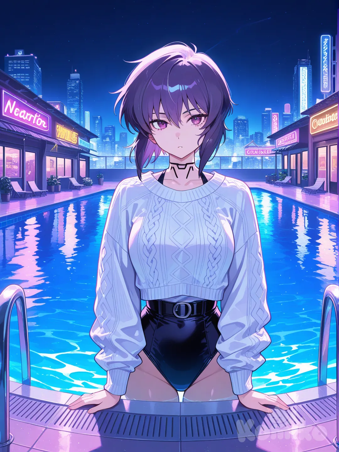 kusanagi motoko, cable knit, pool, cyberpunk, night