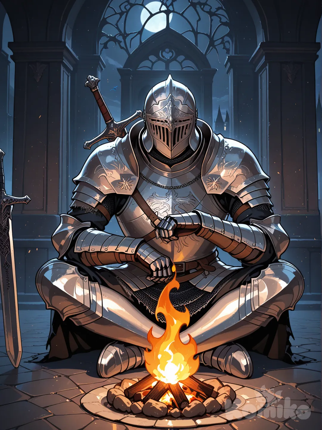 dark souls i, a knight sitting in front of a bonfire