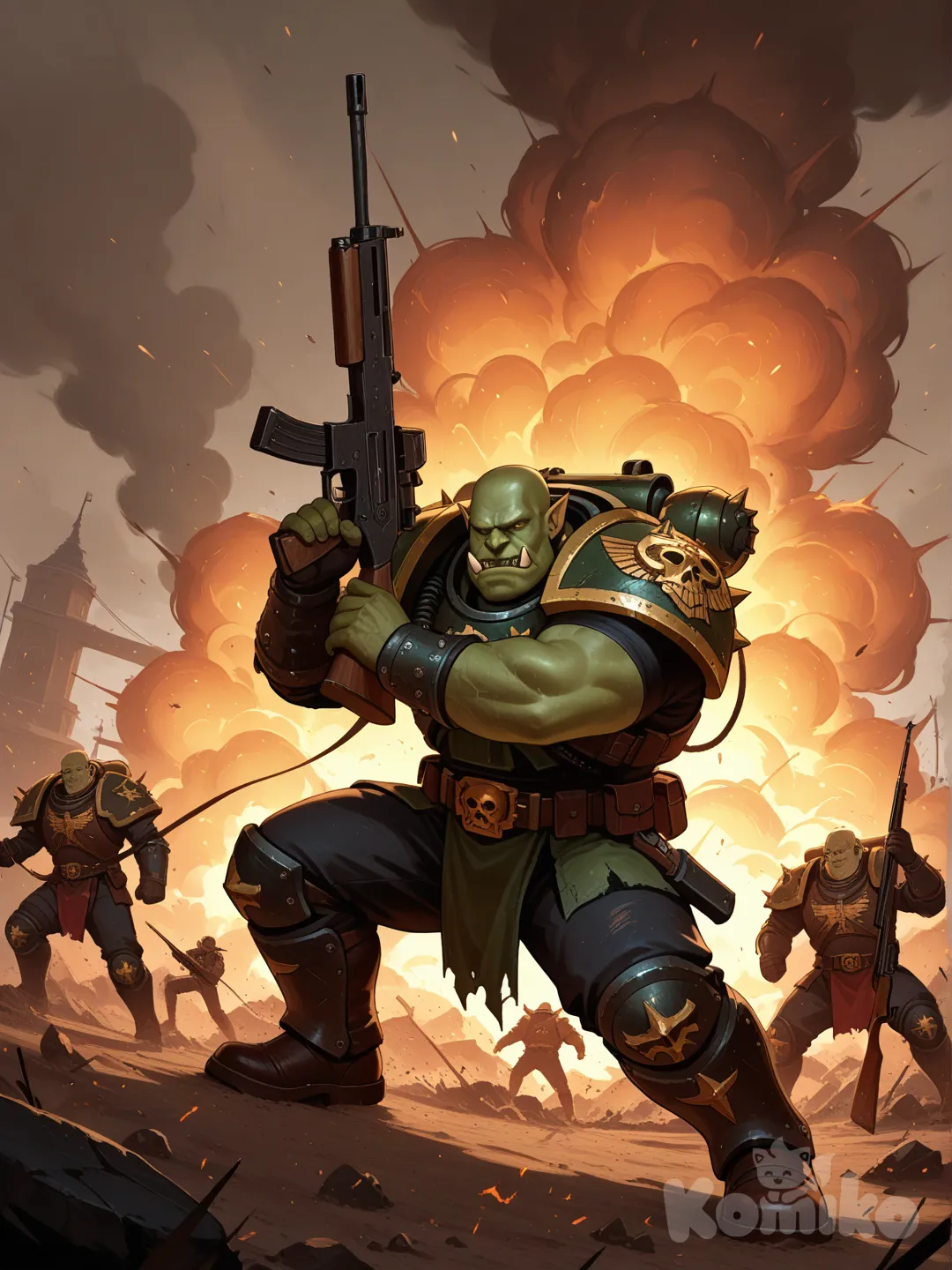 orc, warhammer 40k, fighting, rifle