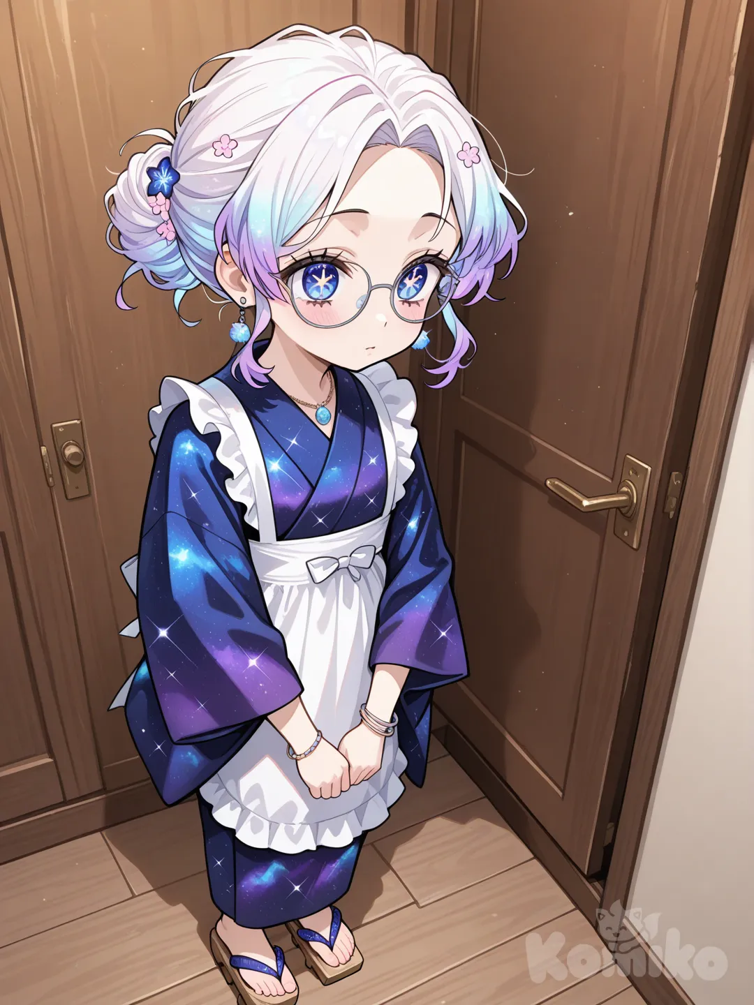 1girl, Demon Slayer style, original character in the world of Demon Slayer, Young adult, slim, short, blue hair, white hair, purple hair, sparkle hair, Glowing hair,Sparkle eyes,Star pupils,curly hair, curly side-parted hair,Messy curls,bangs,in one bun, blue eyes, fair skin,Galaxy Kimono,Geta,Galaxy flowers in hair, apron, bracelet, glasses, necklace, earrings