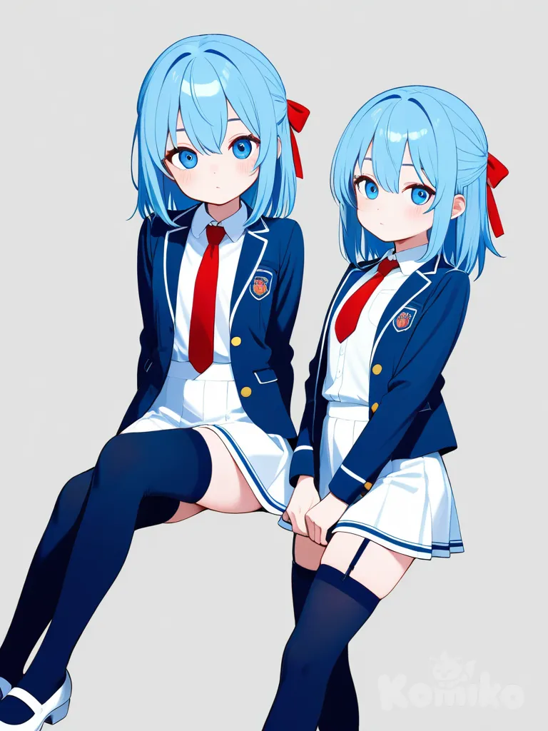 1girl, solo, teenager, slim, blue_hair, blue_eyes, medium_breasts, school_uniform, blue_jacket, white_blouse, red_necktie, white_skirt, red_stripe, garter_belt, navy_blue_thighhighs, mary_janes, white_footwear, hair_ribbon, red_ribbon, full_body, looking_at_viewer, anime_style, simple_background, white_background