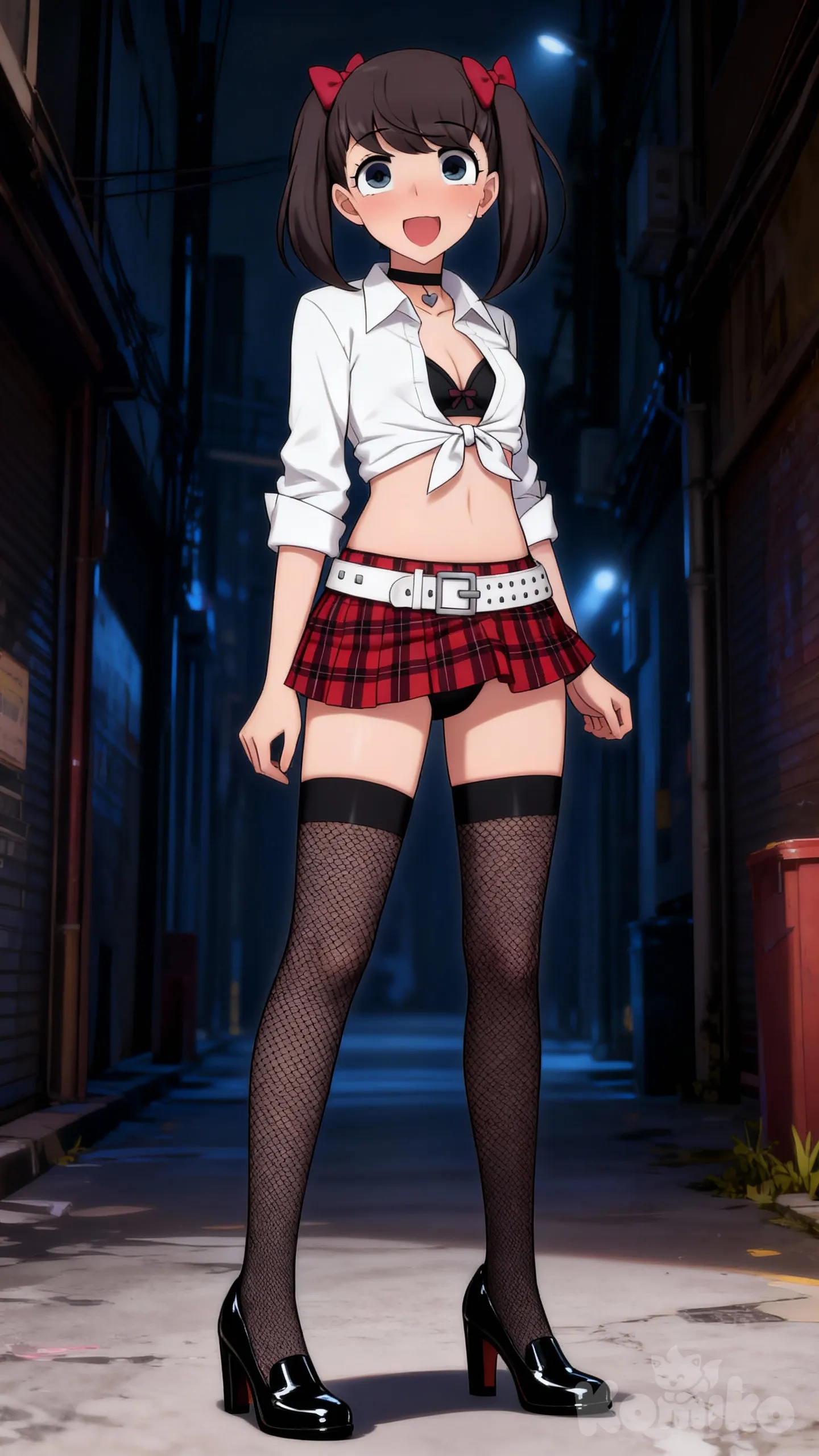 Retain elements of the base image, both background and character, show the character in full body, and have her wear black patent leather heels