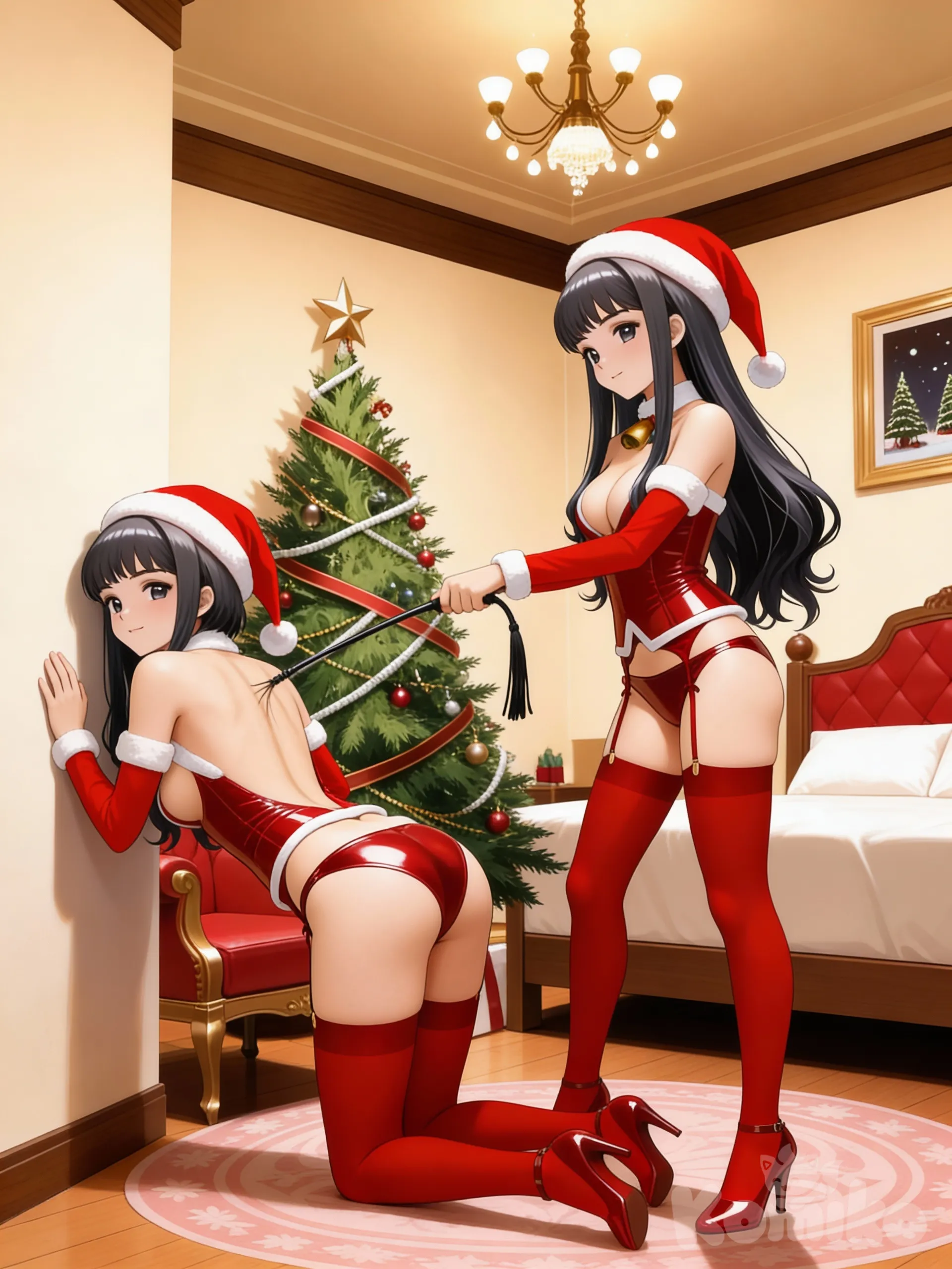 That the short-haired girl recharges on the wall showing her back to the long-haired girl, while the long-haired girl begins to whip her with the whip on her back. Both girls bring their breasts exposed.