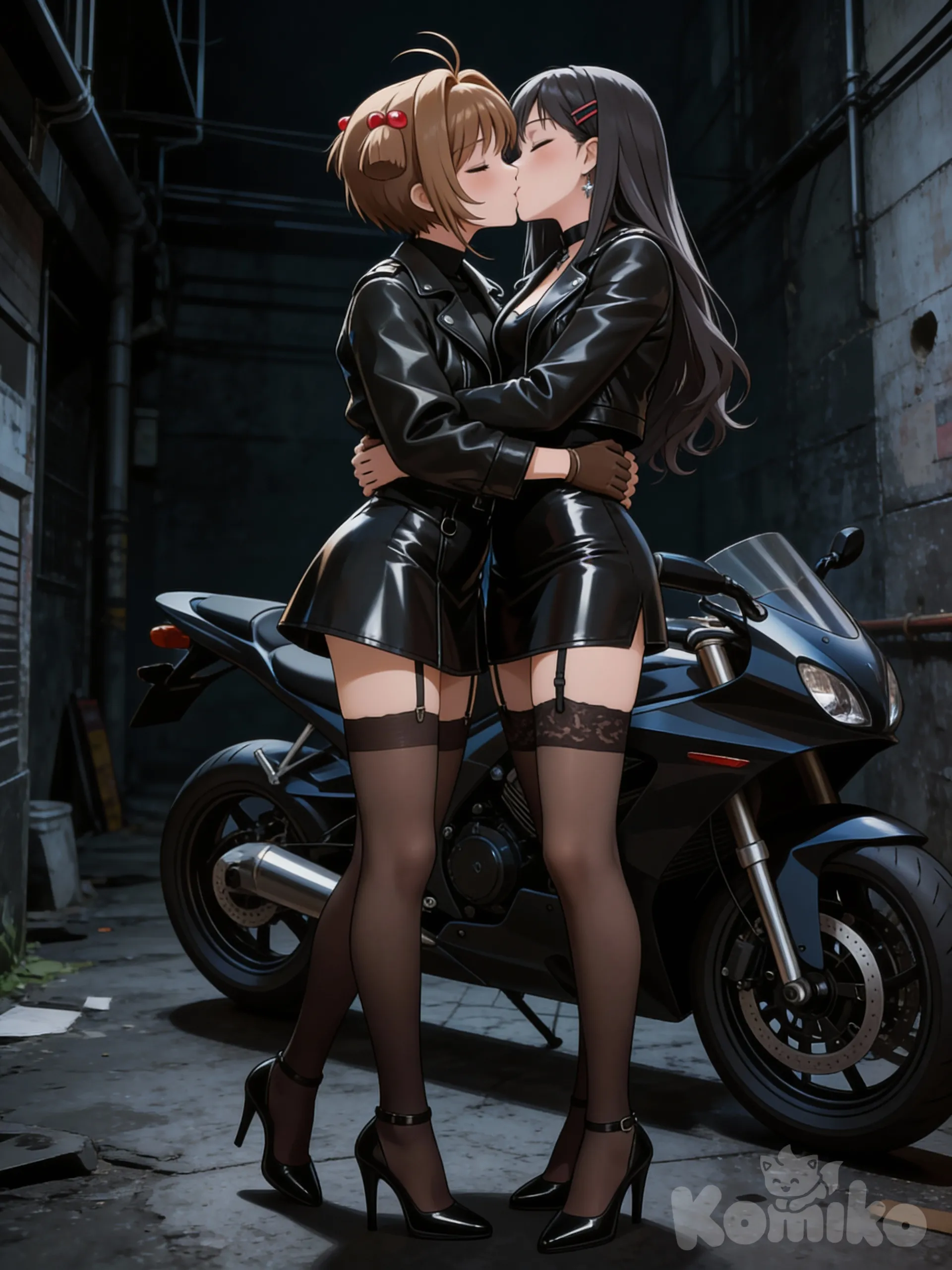 That both characters appear full body, hug and kiss each other on the mouth with their eyes closed. Change the bottom for an alley.