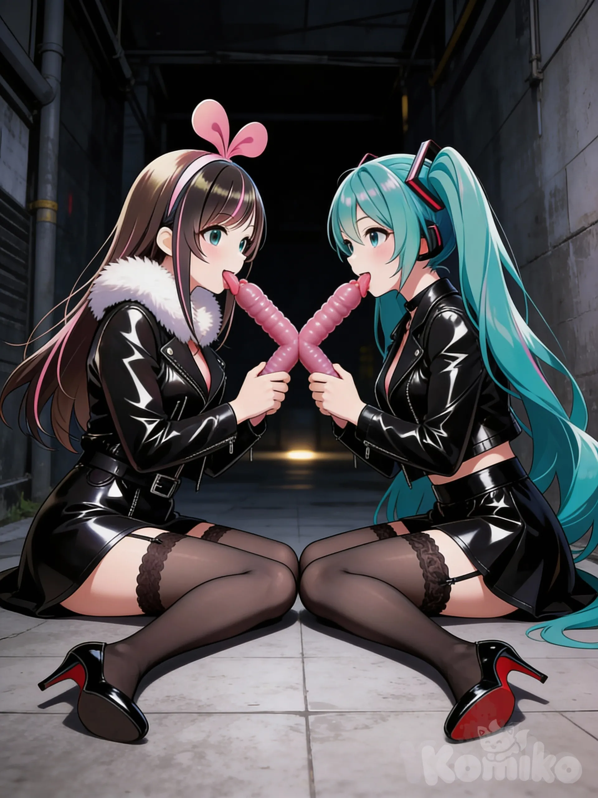 That both characters appear sitting on the floor, face to face, while holding a double-headed dildo which they lich each of the ends. Change the background to an alley with little light.