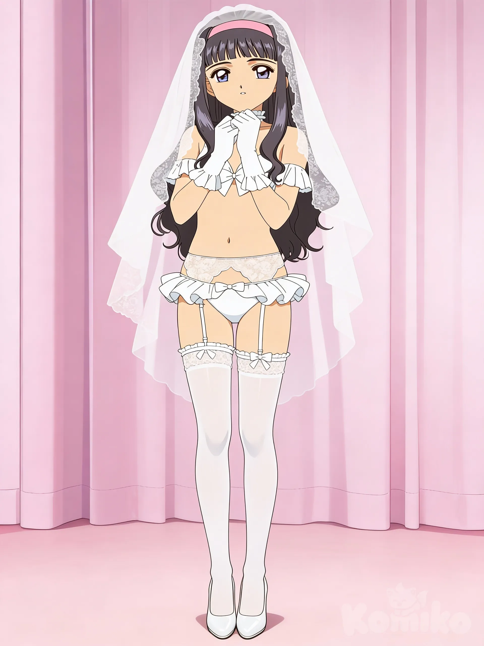 That the character appears full body, wear white stockings and white patent heels.