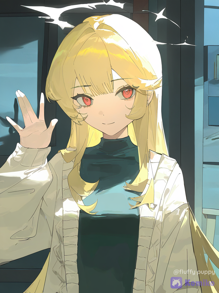 [faded-canvas-style], 1girl, waving, knitted cardigan, upper body