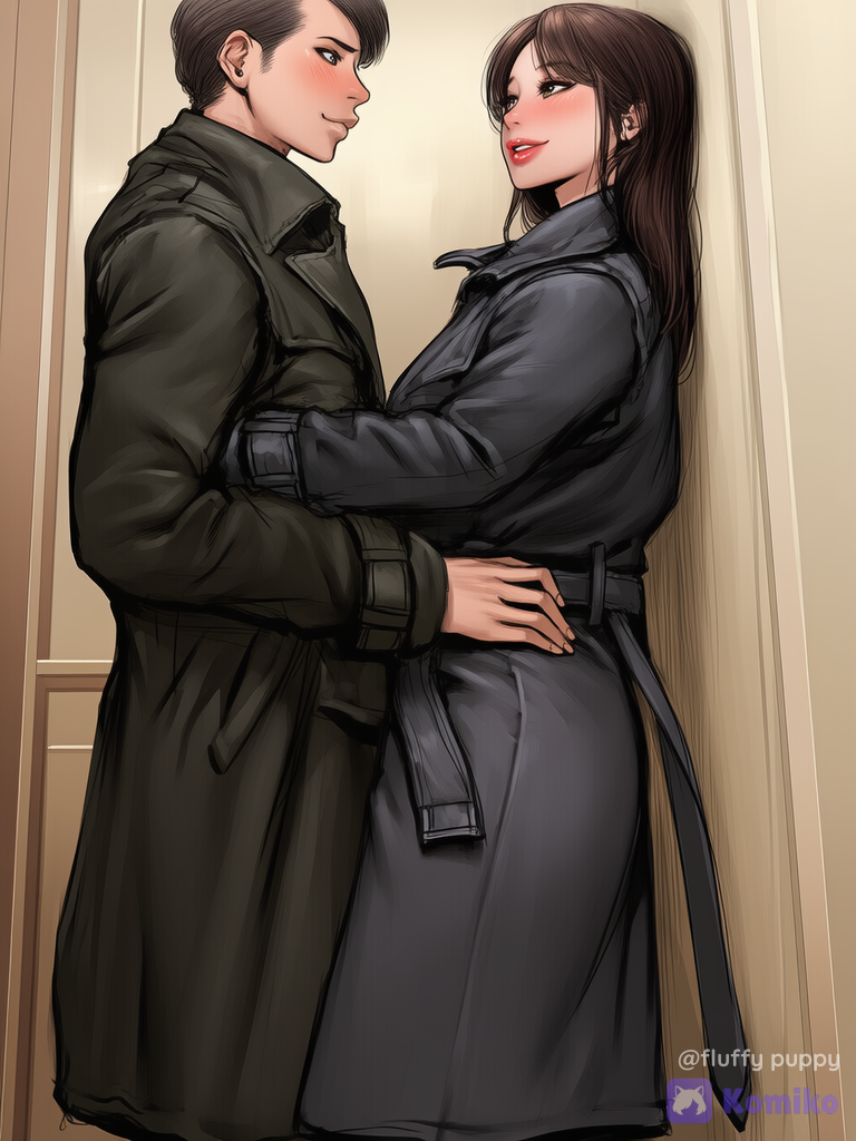 [semi-realistic-portrait-style], i want to convert in anime, 2people, 1boy, 1girl, 2people, leaning against wall, long coat, cowboy shot, full body