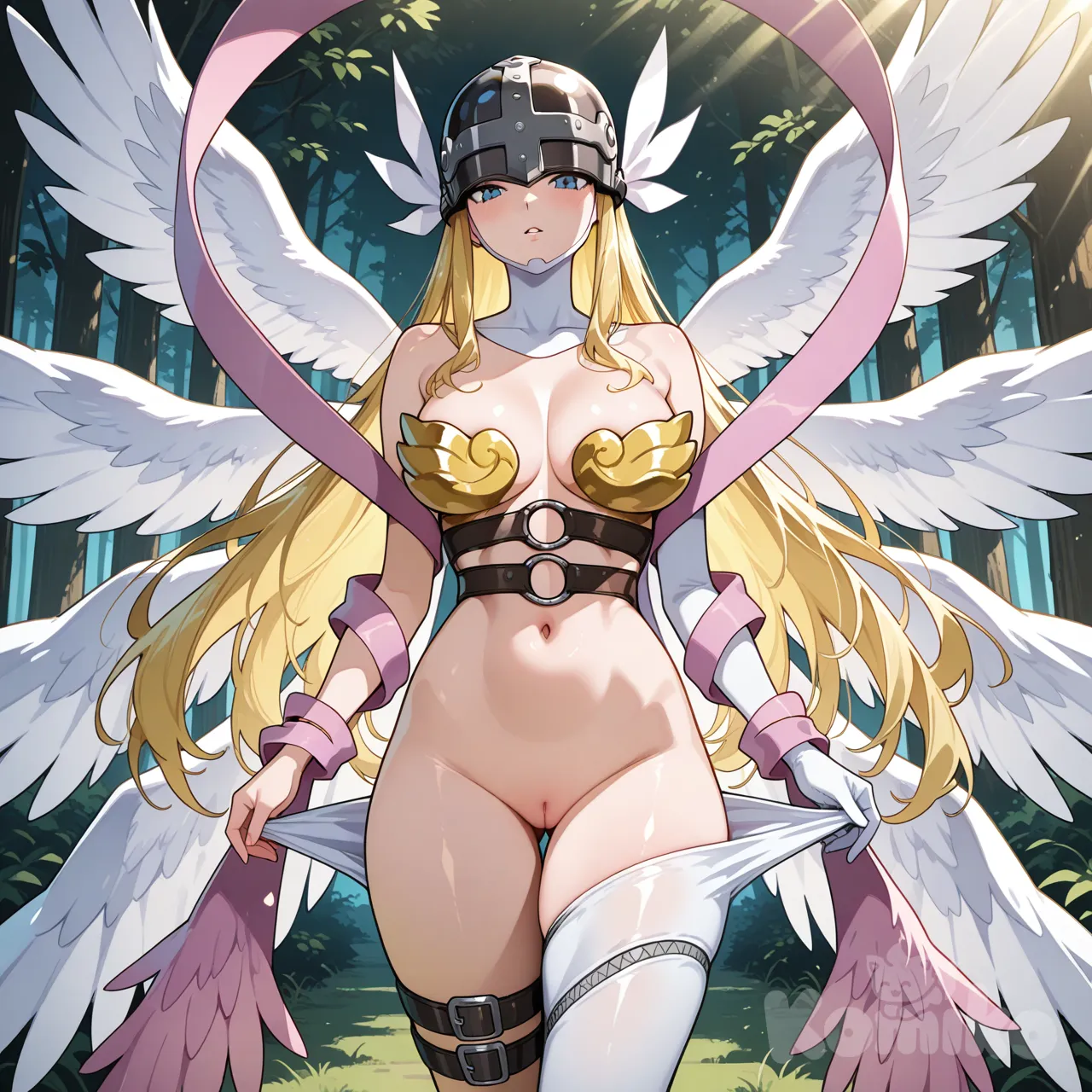 Angewomon dans une clairirere abaissa les mains glissa ses doigts vers sa taille, frôla le tissu blanc qui ceignait ses hanches. Elle le fit glisser sur sa peau avec une délicatesse chirurgicale. Puis, dans un geste simple, elle écarta légèrement le tissu pour devoiler son intimité vaginal