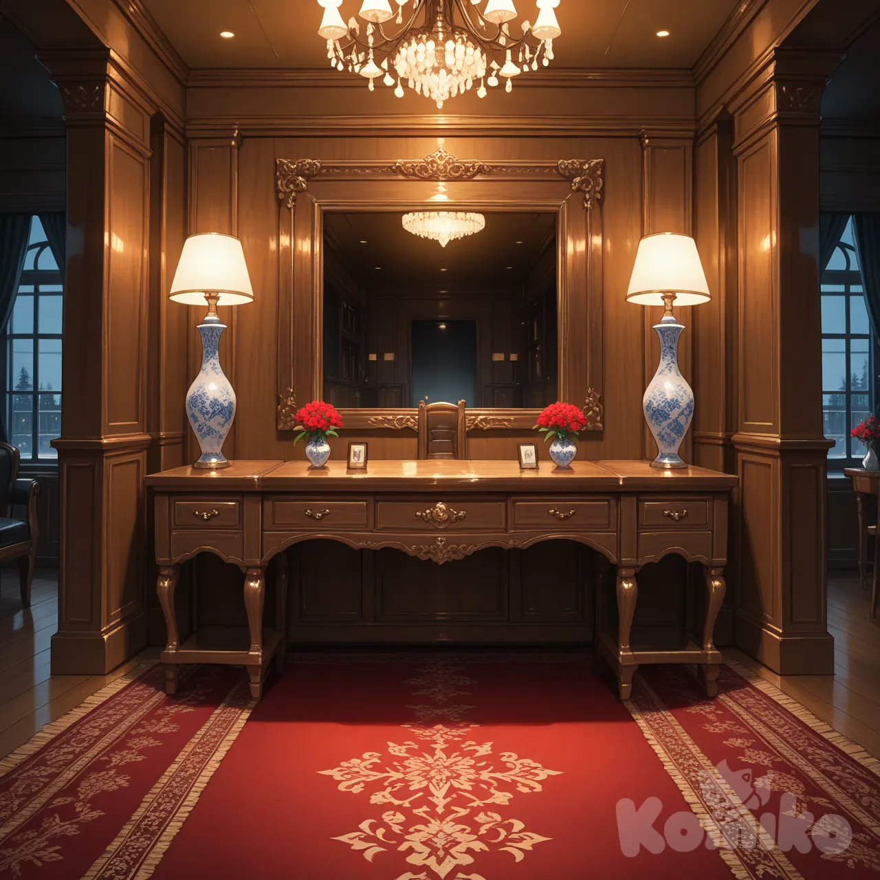 pièce : L’endroit ressemblait à une suite d’hôtel raffinée, élégante mais sans ostentation, comme conçue par quelqu’un qui maîtrisait parfaitement le confort… mais ignorait tout de la chaleur humaine. Une table en verre occupait le centre de la pièce, immobile et impeccable, tandis que deux fauteuils en cuir sombre se faisaient face avec une précision presque chirurgicale, comme s’ils n’avaient jamais été utilisés.
Sur une commode parfaitement alignée, un vase débordait de fleurs rouges, éclatantes au point d’en paraître irréelles. Leur couleur vive tranchait avec le reste de la pièce, trop vive, trop parfaite, comme une touche calculée pour donner une illusion de vie. Sous ses pieds, un tapis épais absorbait chacun de ses mouvements, rendant la pièce encore plus silencieuse, presque étouffante.