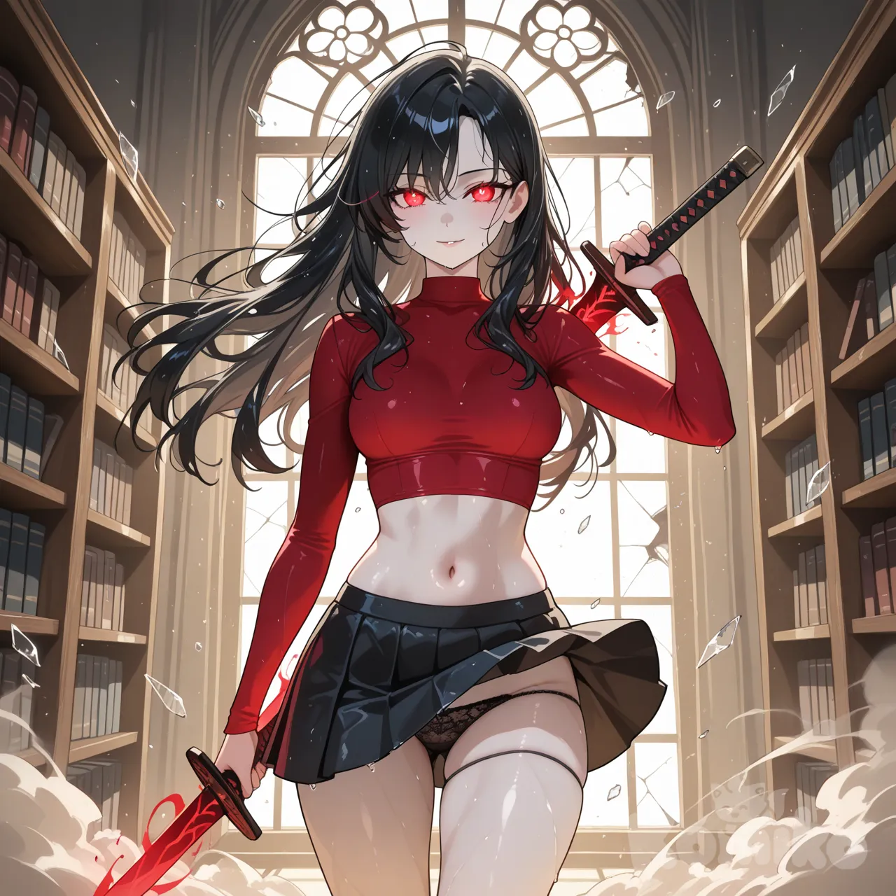 Yuuko, arrive dans chambre d'hopital , La porte s’ouvrit lentement.
Yuuko apparut.
lieu : bibilotheque , Et soudain, par la fenêtre brisée, une autre présence déchira l’air.
Yuuko.
Elle atterrit dans la pièce dans un souffle de vent violent, soulevant la poussière et les éclats de verre encore suspendus. Sa silhouette fine se découpa nettement dans la lumière hivernale derrière elle, imposante malgré sa taille, dominante par sa seule présence.
Elle portait toujours son t-shirt rouge trop court, tendu contre sa poitrine, dévoilant une bande de peau juste au-dessus du ventre ainsi qu'une petite jupe noire, courte et légère, se plaquait contre ses cuisses sous l’assaut du vent glacé. Rien de pratique. Tout respirait une assurance insolente, presque provocante.
Dans sa main, matérialisée par une aura digitale dense et vibrante, reposait l’Ouryuken.



Son visage était fin et délicat. Les traits étaient doux, avec un menton étroit, un nez discret et une bouche petite, aux lèvres fines, fermées dans une expression calme, presque distante. Son regard semblait posé, souriante, renforcé par de grands yeux sombres typiques du style illustratif, donnant une impression d’intelligence tranquille et de retenue. Sa peau paraissait très claire, lisse, sans imperfection visible, cheveux longs noirs. La coupe était asymétrique avec des mèches irrégulières encadrant son visage, ce qui renforçait un aspect à la fois moderne et subtil. Les cheveux semblaient fins et soyeux, avec un tombé naturel.

Sa tenue épousait étroitement son corps. Elle portait un t-shirt rouge trop court, belle moyenne poitrine, découvrant son ventre, et une culotte en dentelle noire épousant ses hanches avec un naturel assumé. Sa peau semblait encore légèrement humide, comme si elle venait de quitter la salle de bain attenante. Ses longs cheveux sombres retombaient en cascade sur ses épaules, quelques mèches encore lourdes d’eau. 
Un rouge profond. Fixe. Brûlant. Rivé sur lui sans la moindre hésitation. Un regard qui le reconnaissait immédiatement, comme si quelque chose s’était réaligné entre eux, comme si leur lien venait de se réécrire, non pas dans les mots, mais dans la chair.