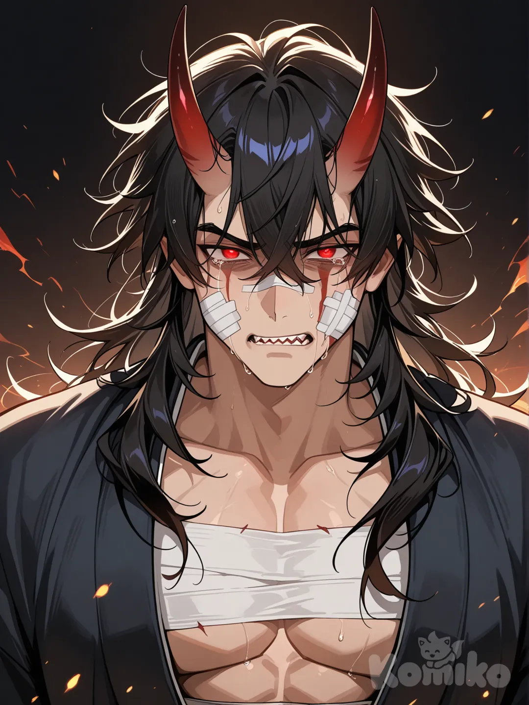 black kimono, open kimono, bandaged body, bandaged torso, handsome, muscular, glaring at viewer, hurt look, crying, narrow eyes, dark background, glowing red eyes, oni horns, slitted pupils, shark teeth, long, messy black hair, shadowed eyes, mature, handsome, dark background with cinders, bandages covering face, visible eyes and mouth