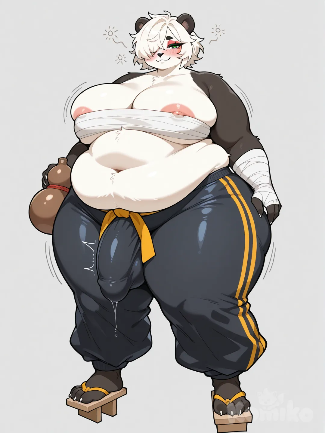 bigcozyorca_(artist), anthro, furry, snout, panda, fluffy, huge breasts, wide hips, stocky body, thick thighs, solo, full body, facing viewer, martial artist, futanari, penis bulge under pants, facing viewer, looking at viewer, drunk, cocky, blush, long legs, paws instead of feet, nipple slip, hair over one eye, green eyes, red eyeshadow, sarashi, wrapping on arms, hand wrappings, kung fu pants, drinking gourd, weight gain, soft belly,BBW, fat, overweight, huge tummy, vore belly, huge gut, massive tummy, twitching bulge, geta sandals, paws in geta sandals