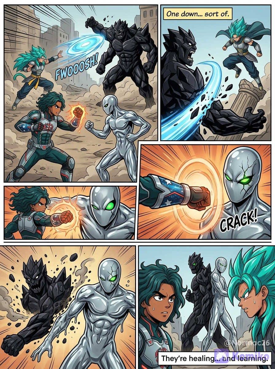 <three-panel-strip>[action-manga-style]Both fighting two villans, @daichi-kwph, @cosmo-WQ6y