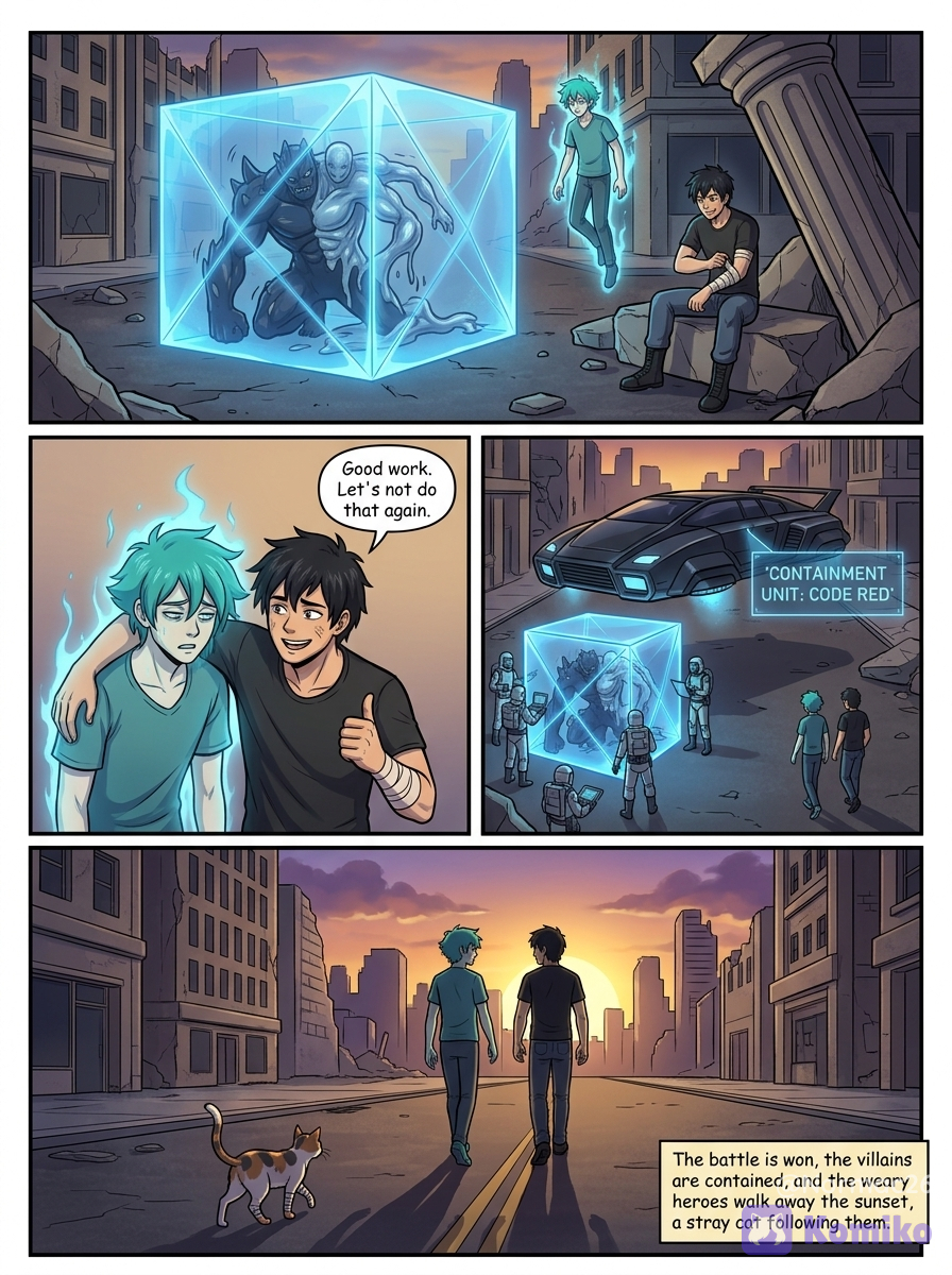 <three-panel-strip>[action-manga-style]Both fighting two villans, @daichi-kwph, @cosmo-WQ6y