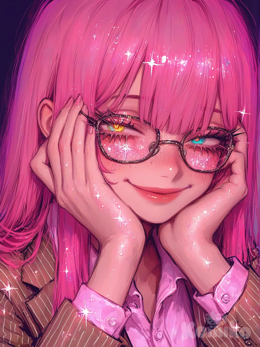 1girl, my hero academia, high , long hair, straight hair, pink hair, ocean blue eyes with yellow centers, brown suit with pink pin stripes, pink glitter, pink under shirt is a collared button up that’s unbuttoned, Bayonetta glasses, siren eyes, office siren, smug smile, freckles, mile on left cheek, spiky lashes, hands on own face, japanes, [sweet-painting-style]