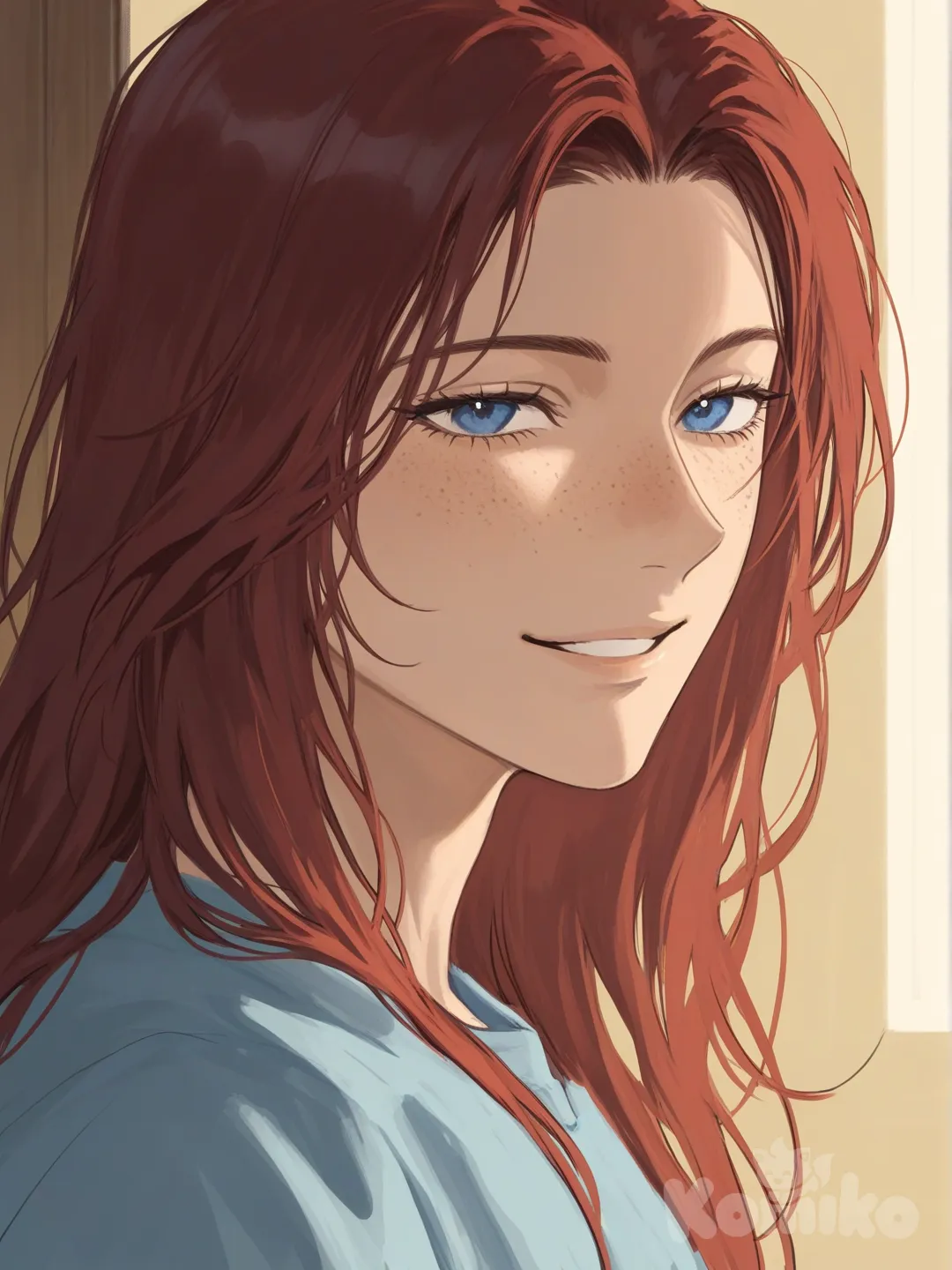 very aesthetic, absurdres, older woman,red hair, freckles,wrinkles,blue eyes, light blue shirt, soft look,up close, yellow light on skin, clear face, old , [serious-man-style], anime coloring,long hair, feminine,soft, smiling, background in cabin