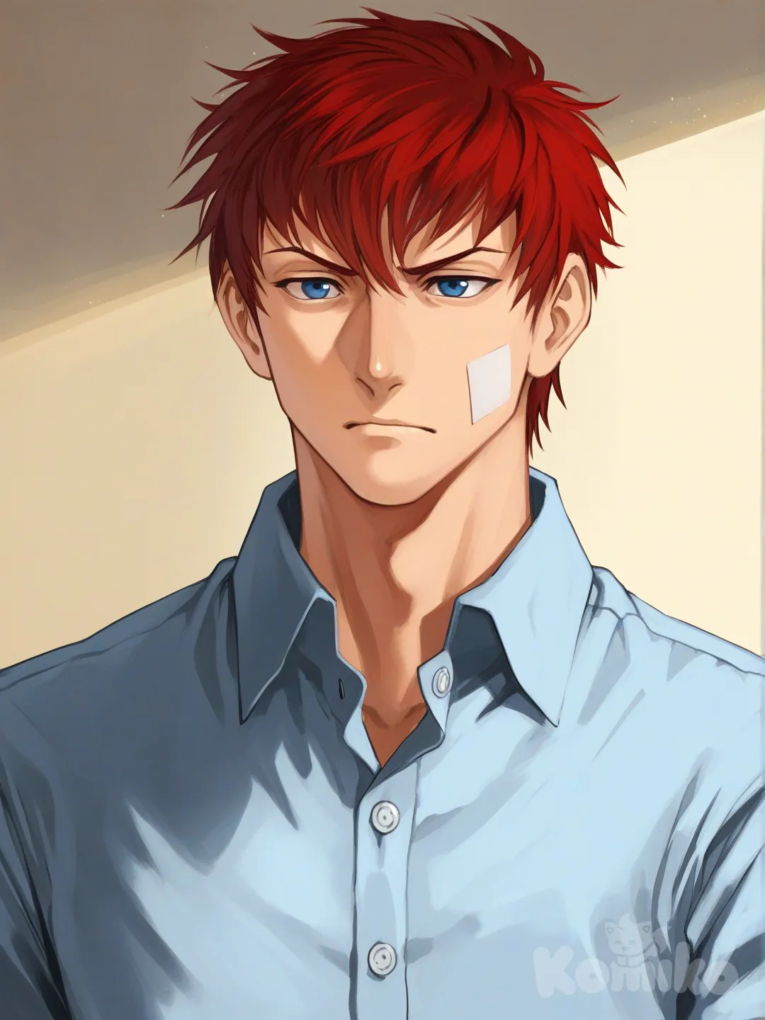 [serious-man-style]very male,red hair, early 20s, light blue collar shirt with buttons, yellow light on face, background of apartment,blue eyes, short hair,upset, widows peak, clean face, close up