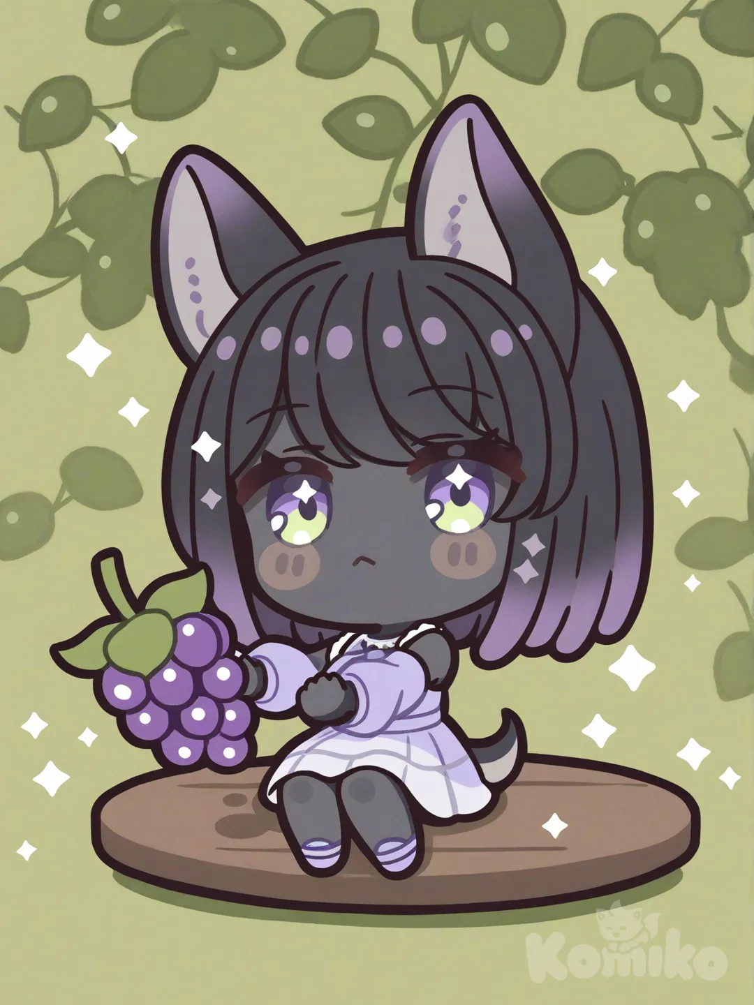 dark-skinned female, dreadlocks, purple dress, grape tail, cute dog ears, flat black shoes, sitting on table,outside with grape vine above them[glossy-chibi-style], headshot
