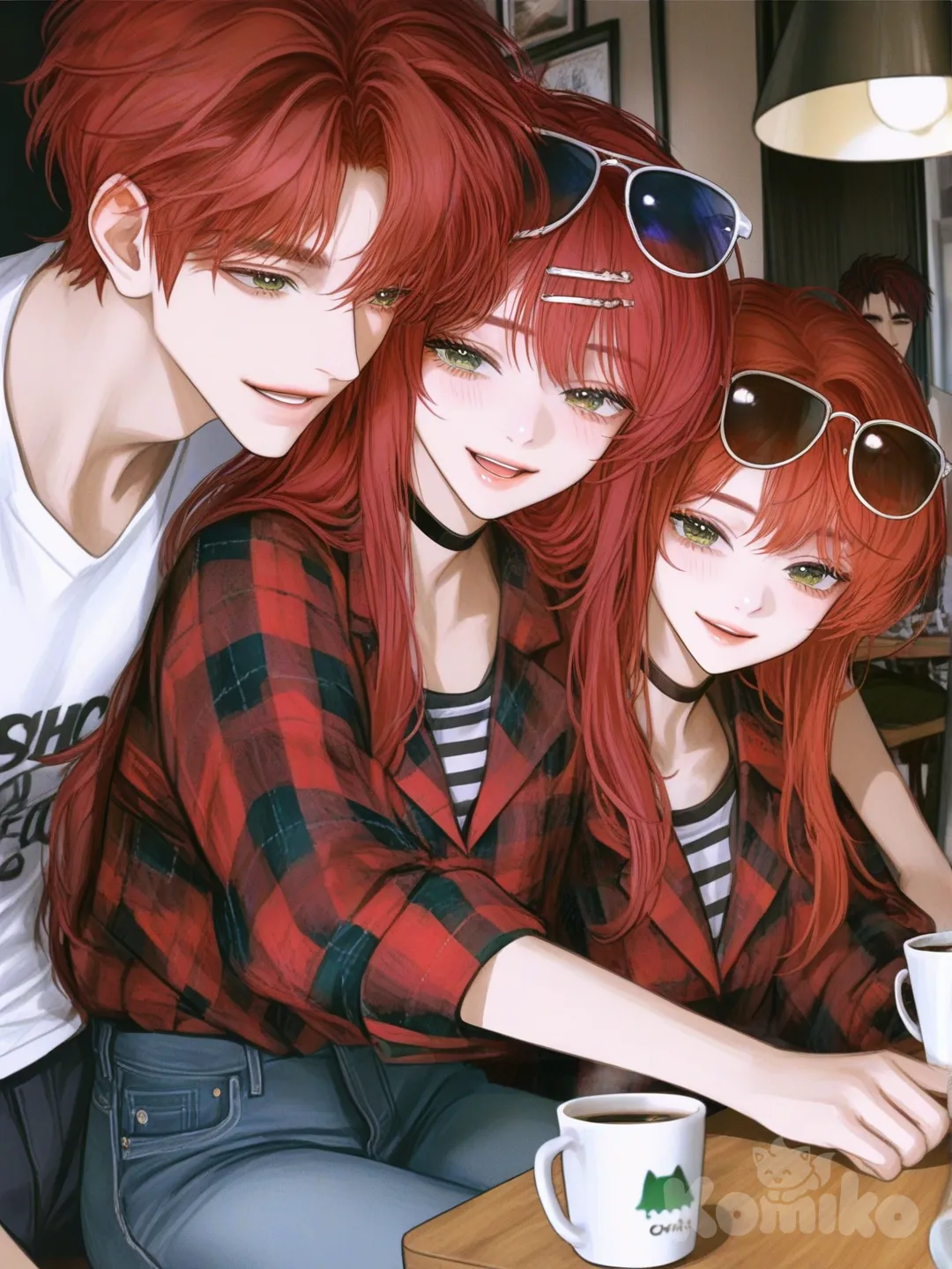 2boys, 1girl, [semi-realistic-portrait-style], gathering together, laughing, smirk, disappointed, t-shirt, striped shirt, plaid shirt, jeans, casual pants, cargo pants, hairpin, choker, sunglasses, cinematic lighting, cafe,All red hair, boy1 green eyes,boy 2 emerald eyes, girl 1 baby blue eyes. Triplets