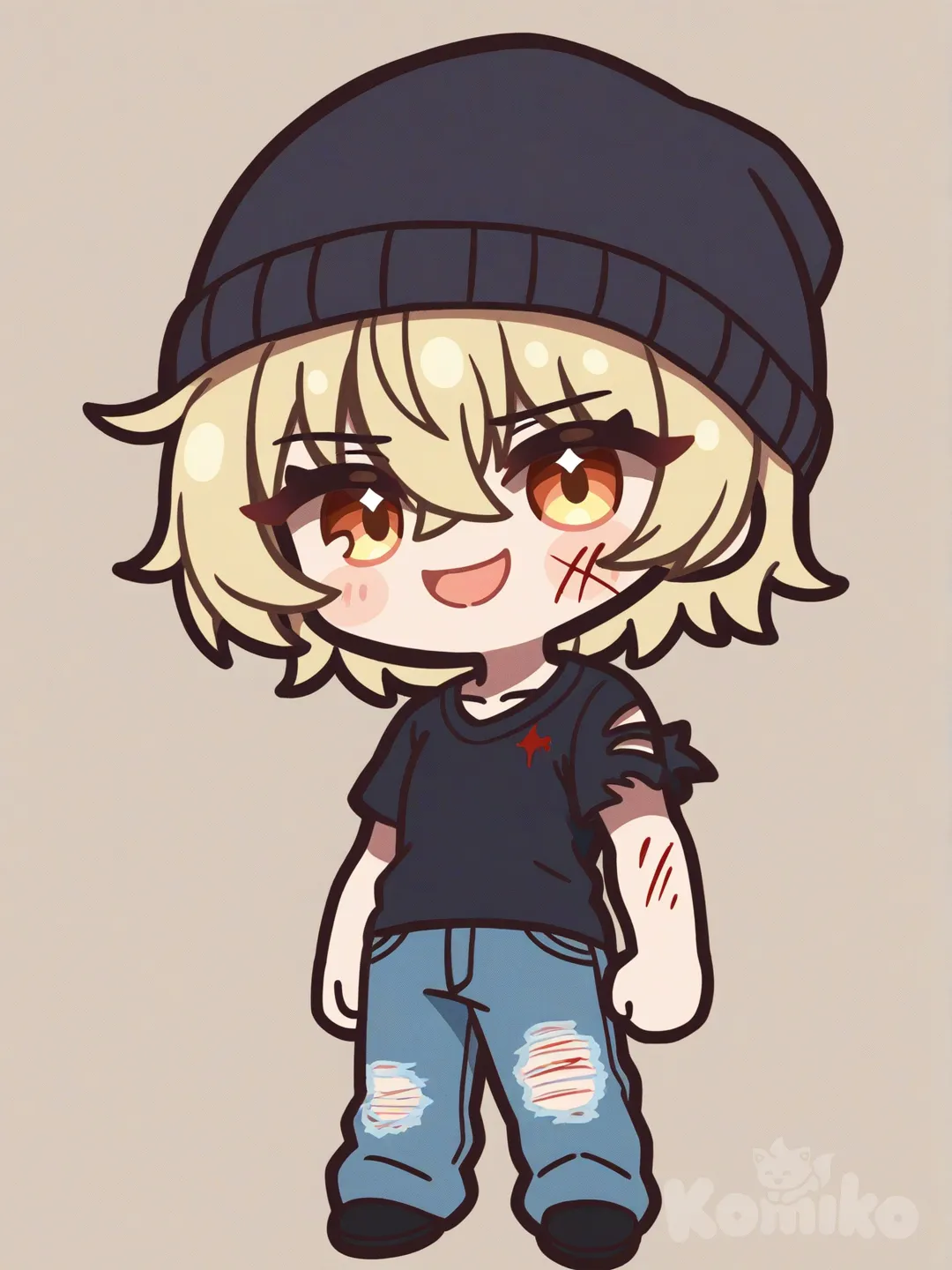 Young male,buff, blonde hair, golden brown eyes, ripped shirt, evil smile, colored eyelashes,glaring, soft face, school vest, jeans, beanie, panoramic lens, cinematic lighting, bloody, bruised,scratches, [glossy-chibi-style], clean background, white background