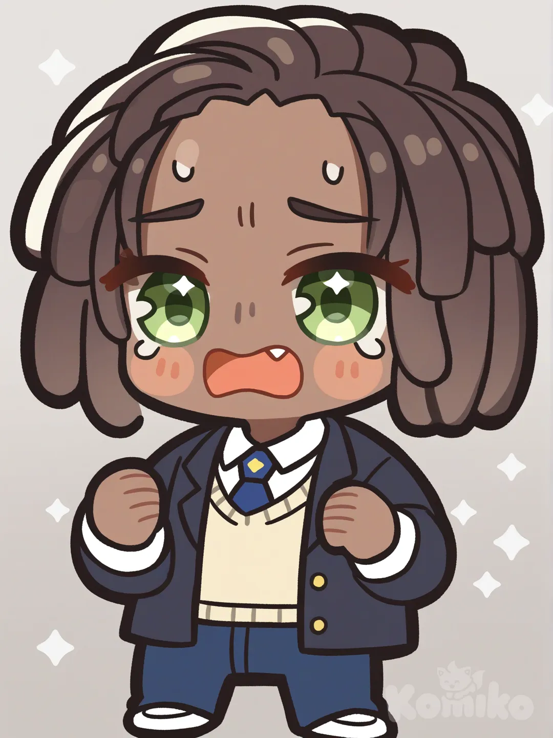 male,dark-skinned,buff, brown hair,Curly dreadlocks, green eyes, white shirt, scared , sharp face, school vest, jeans, open jacket, panoramic lens, cinematic lighting, [glossy-chibi-style], clean background, white background