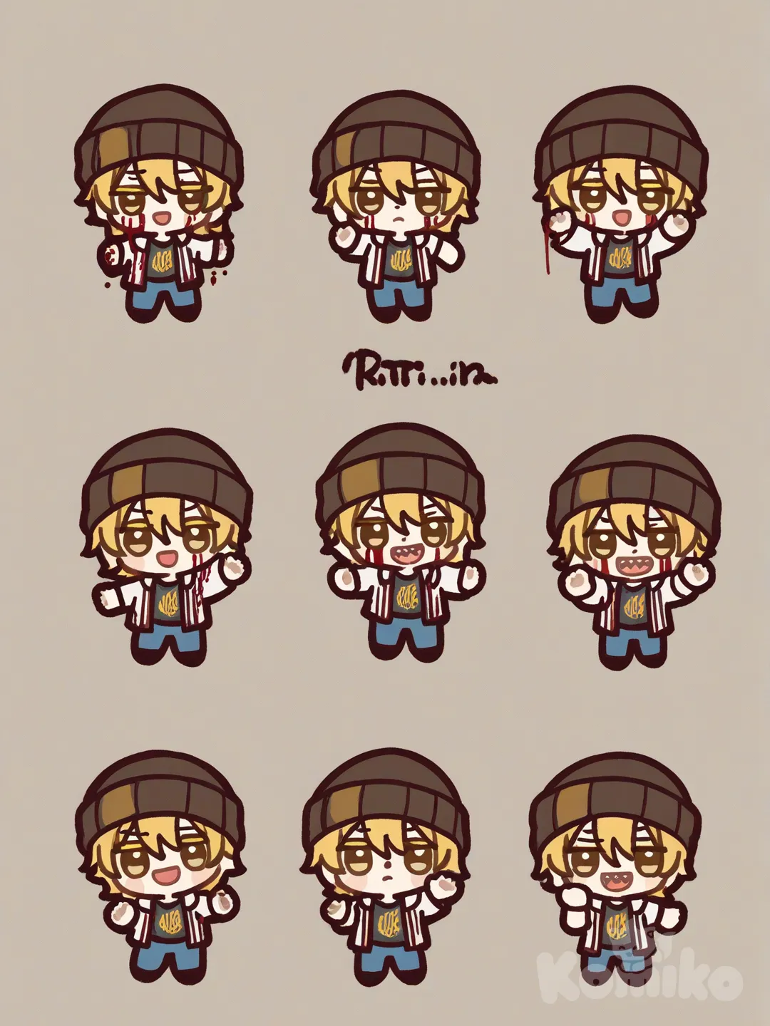 Young male,buff, blonde hair, golden brown eyes, ripped shirt, evil smile, colored eyelashes,glaring, soft face, school vest, jeans, beanie, panoramic lens, cinematic lighting, bloody, bruised,scratches,scary, dead,gore,demon,demonic[glossy-chibi-style], clean background, white background