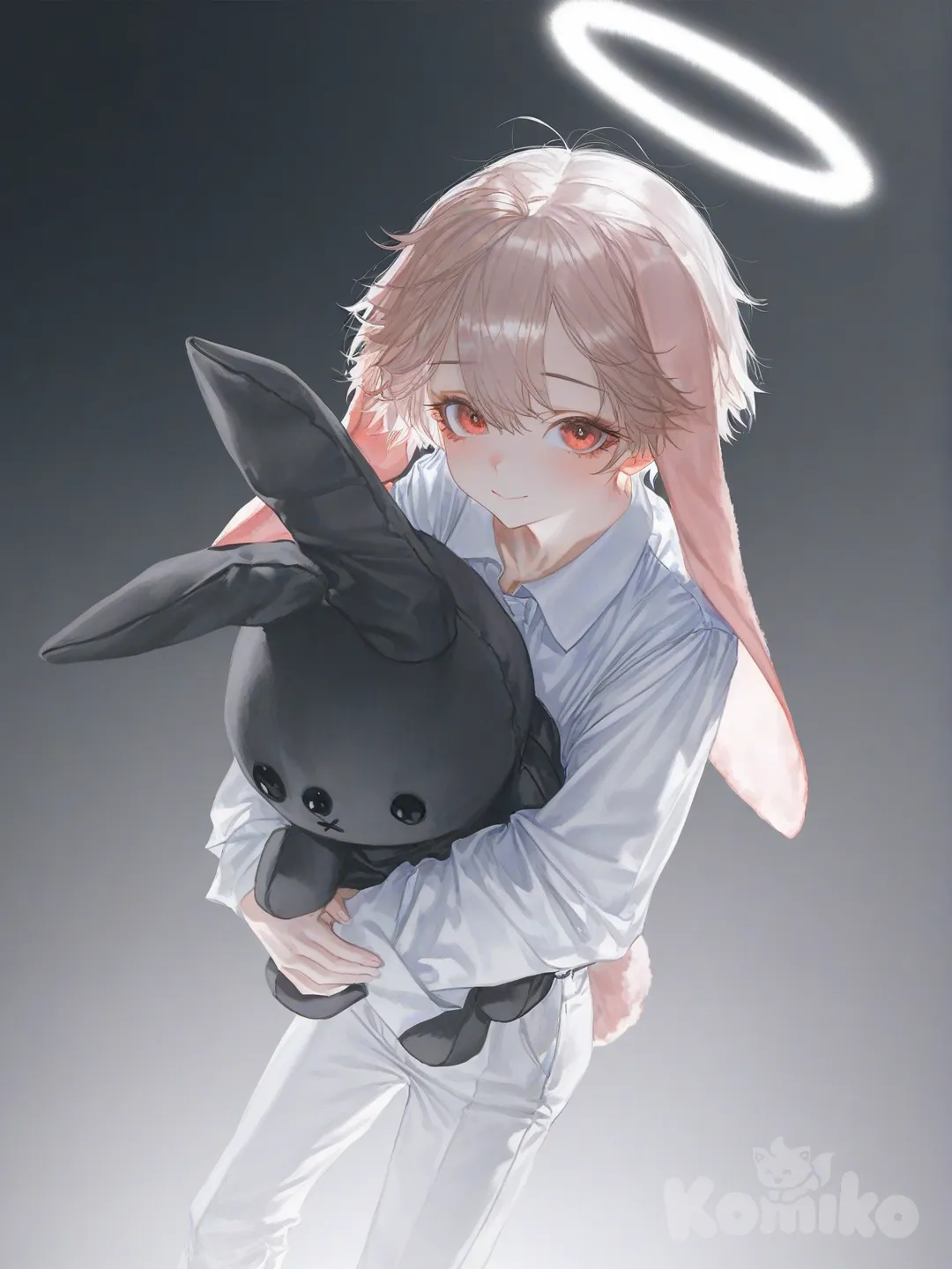 1boy, hugging toy rabbit, small, angel, white halo, red eyes, collared shirt, white pants, floppy ears, bunny tail, shy smile., [soft-light-illustration-style]