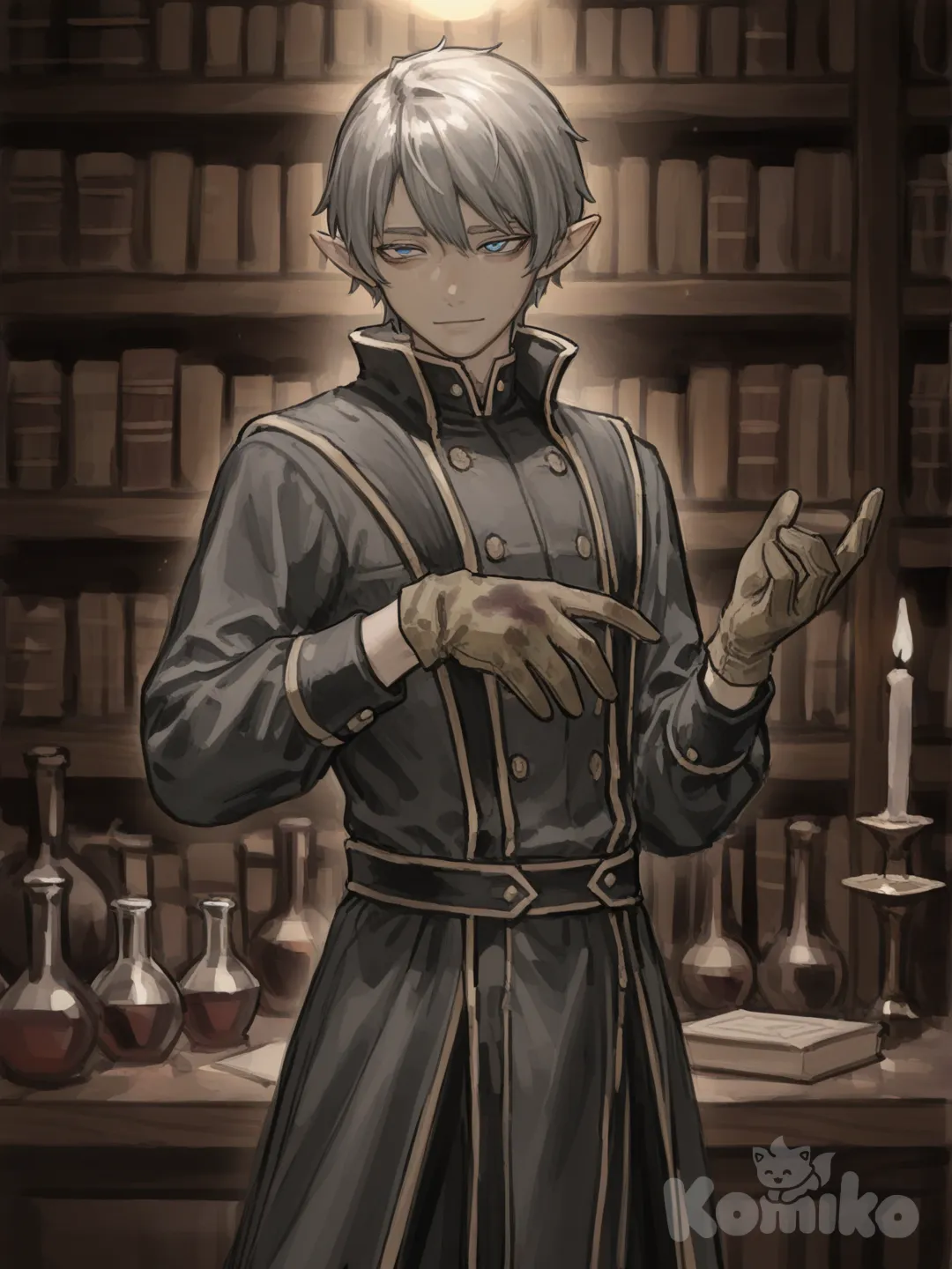 Eyes Cool steel-blue sharp,A half-elf with refined, almost academic features and an unnervingly youthful appearance,His posture is precise and controlled, every movement economical,tailored coats, high collars, gloves stained faintly with ink or alchemical residue. He favors muted scholarly colors, upper body, cinematic lighting,wizard shop, [soft-painterly-style]