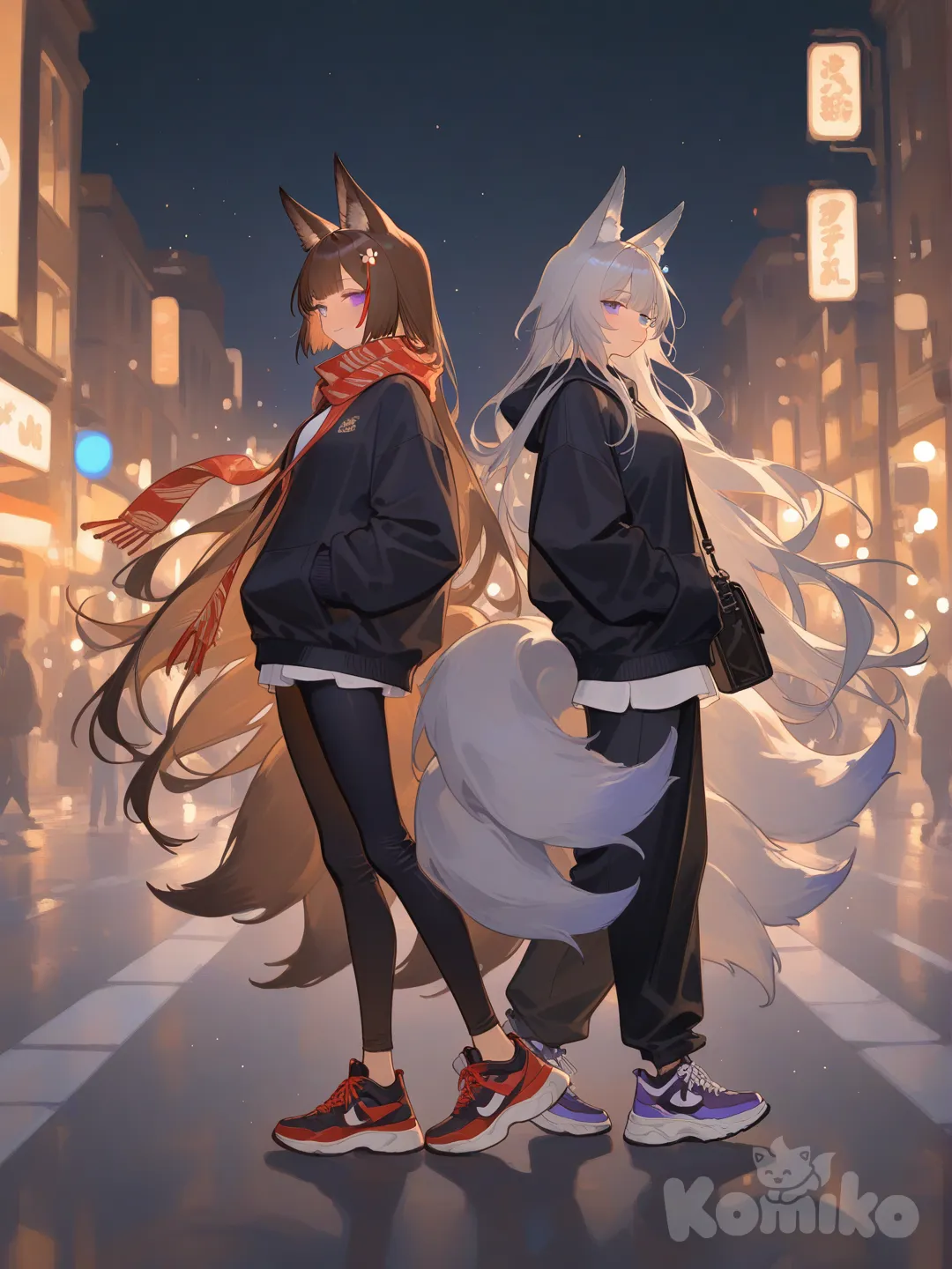 主体设定
 
“以《Azur Lane》角色Amagi，Shinano为原型，2位角色背靠背站在都市斑马线街道上；角色保留二次元面部特征，但姿态松弛自然（模拟街拍行走的动态）”
 
服饰风格（核心）
 
“全员穿搭为高街/街头潮流风格：oversize黑色连帽外套+撞色拼接（如红褐色/紫色）、印有文字的白色潮牌T恤、黑色修身裤+厚底运动鞋、带图案的围巾/斜挎包；服饰细节要体现褶皱、布料垂坠感，符合现实穿搭逻辑”
 
画面元素与背景
 
“背景为虚化的都市十字路口（焦外成像效果，光斑模糊且呈圆形），地面是黑白斑马线；画面加入胶片颗粒质感（模拟摄影胶片的颗粒噪点），整体色调以黑白灰为主，仅在局部（如角色衣服的文字、装饰）加入少量点缀色（如红色/紫色）”
 
技法与质感（关键参数）
 
“线条：锐利且富有张力的粗线条（类似动画原画的流畅轮廓线）；
光影：摄影化布光（柔和的环境光+局部明暗对比，模拟自然光下的街拍光影，角色身上有清晰的明暗过渡）；
质感：添加轻微的胶片颗粒纹理，增强画面质感；
构图：横向构图，角色占据画面主体，背景虚化突出人物”, [soft-shading-style]