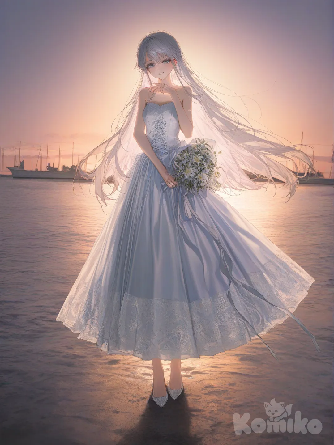 核心人物：Enterprise（Azur Lane） 严格遵循官方角色设计，面部细节与原作设定高度一致

场景与环境： 
- 地点：写实风格军港码头，带有细微裂纹与锈迹的混凝土平台，散落着系泊缆绳与系船柱
- 背景：CV-6“企业号”航空母舰停靠于码头，主视角清晰可见舰体右侧，战舰结构精准还原（飞行甲板、升降机、舰岛上层建筑），舷侧“CV-6”舷号清晰可辨，明显战损痕迹（刮花的漆面、凹陷的钢板、破损处锈迹），航母周围是微波荡漾的平静海面
- 光源：夕阳位于画面右上区域（航母飞行甲板正上方），低角度橙红色阳光，天空呈现橙红至柔蓝紫的渐变色调
 
人物细节：
 
- 外貌：银灰色长发带有自然蓬松感与光泽，锐利却柔和的蓝色眼眸直视主视角（眼神温暖具邀请感），白皙肌肤带有自然肌理，脸颊泛着淡淡红晕
- 服饰：优雅白色婚纱，领口与裙摆点缀精致蕾丝刺绣，修身胸衣带有细腻褶皱，多层薄纱裙摆随微风轻扬
- 姿态与道具：身体自然向后微倾（角度适中不夸张），右臂怀抱白玫瑰与满天星花束（花瓣新鲜带露珠，花茎缠绕米白色丝带），左臂向前伸出做出邀请手势，左手无名指佩戴简约银质婚戒（镶嵌小巧闪钻，清晰可见）
 
光影与质感：
 
- 物理光影：遵循现实光线传播规律，橙红色阳光照亮人物上半身、面部与婚纱（形成柔和高光），航母投射的深色阴影覆盖人物下半身（过渡自然无生硬边缘）
- 反射效果：夕阳在海面形成红色反光，波纹将光线分割为细长光带，航母金属表面与婚纱面料带有细微反光
- 材质细节：婚纱蕾丝呈哑光质感，航母舰体为亮面金属质感，码头混凝土粗糙，海面柔软具反光性
 
风格与构图：
 
- 风格：电影感二次元插画，写实向渲染，精细线稿，柔和笔触，冷暖色调高对比，8K超高清分辨率，写实质感与二次元美学结合
- 构图：中景全身镜头，人物位于画面左侧1/3黄金分割点，浅景深效果（人物清晰对焦，背景轻微虚化），动态角度兼顾角色优雅感与航母宏伟感, [soft-light-illustration-style]