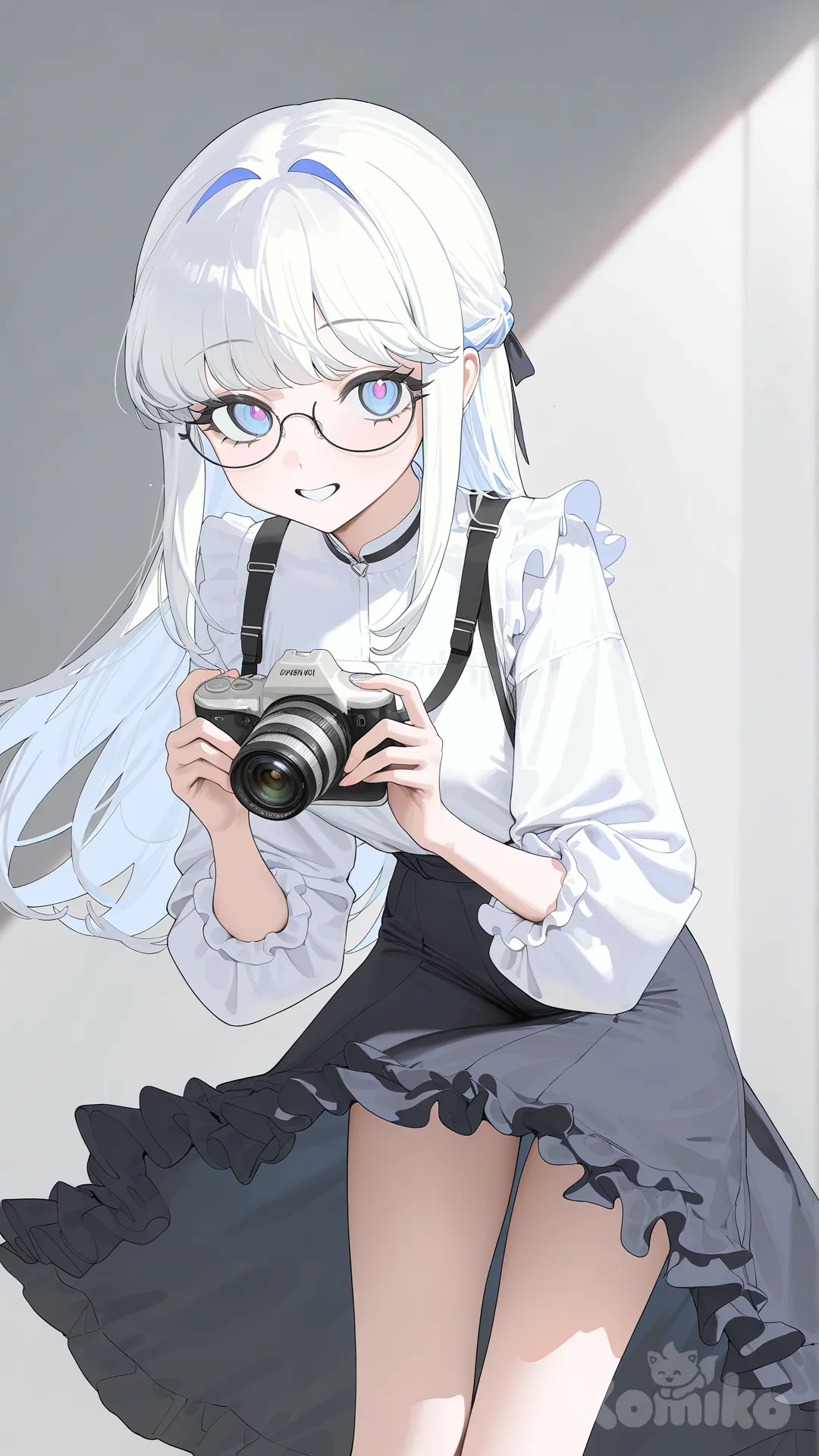 Chica cabello blanco, ojos azules con gafas, sonrriendo, blusa blanca, falda con olanes, sosteniendo una cámara para tomar fotografías, en posición un poco inclinada hacia el frente