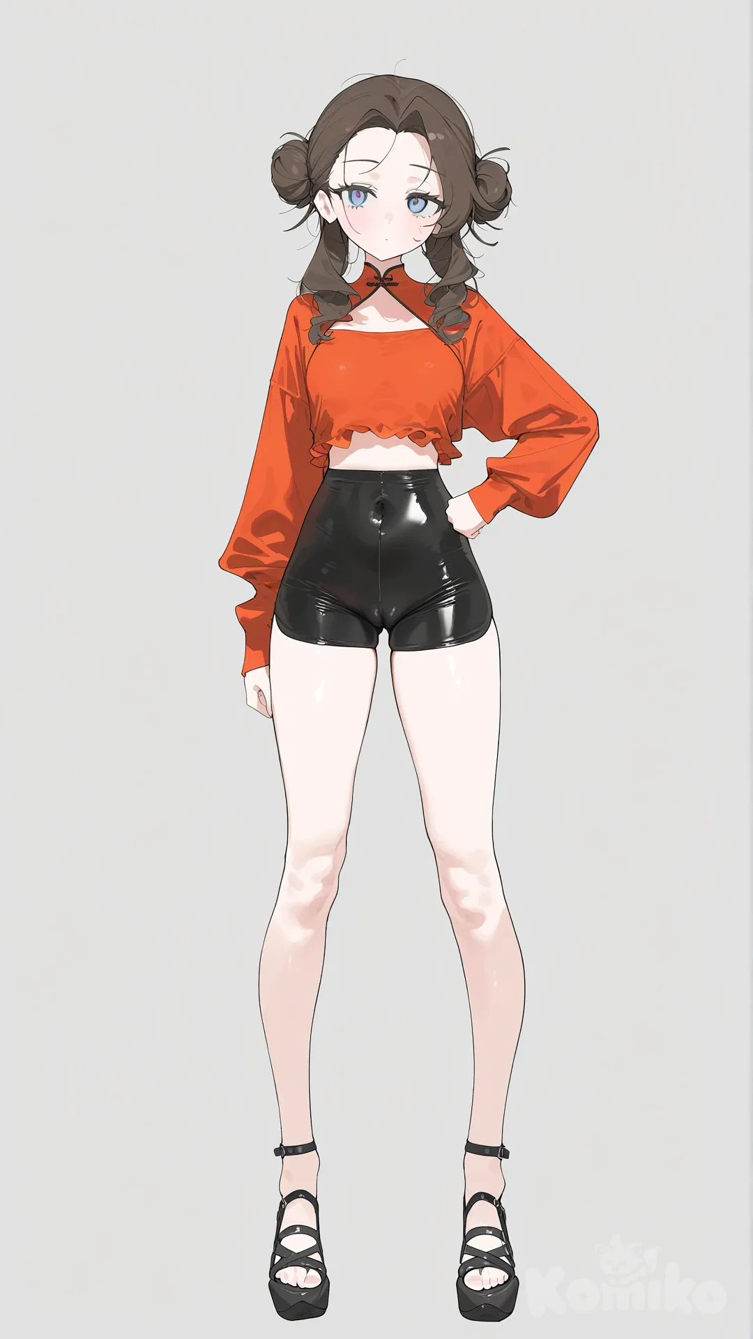 Chica, boxer negro, blusa roja pegada, cabello cafe con rizos moño grande en la cabeza