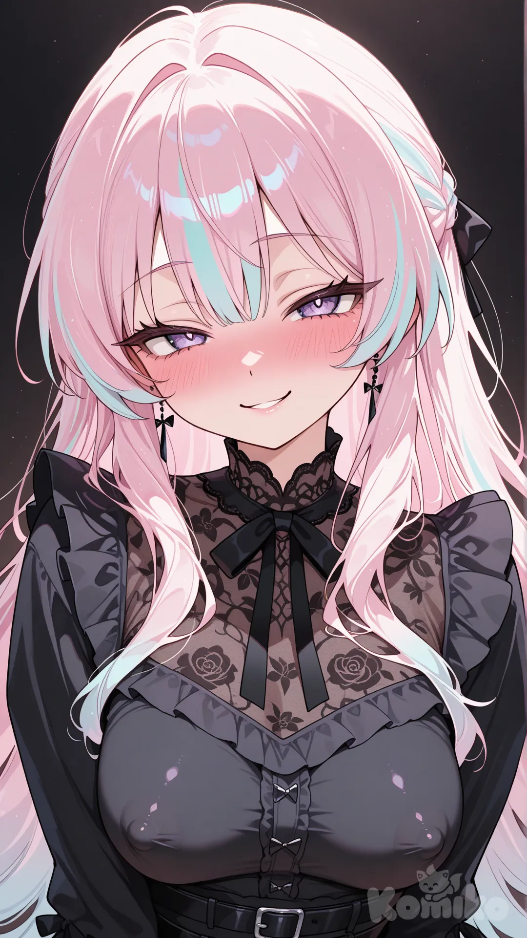 Xhica cabello pastel blusa negra, que se le marque los pezones sonrrisa coqueta