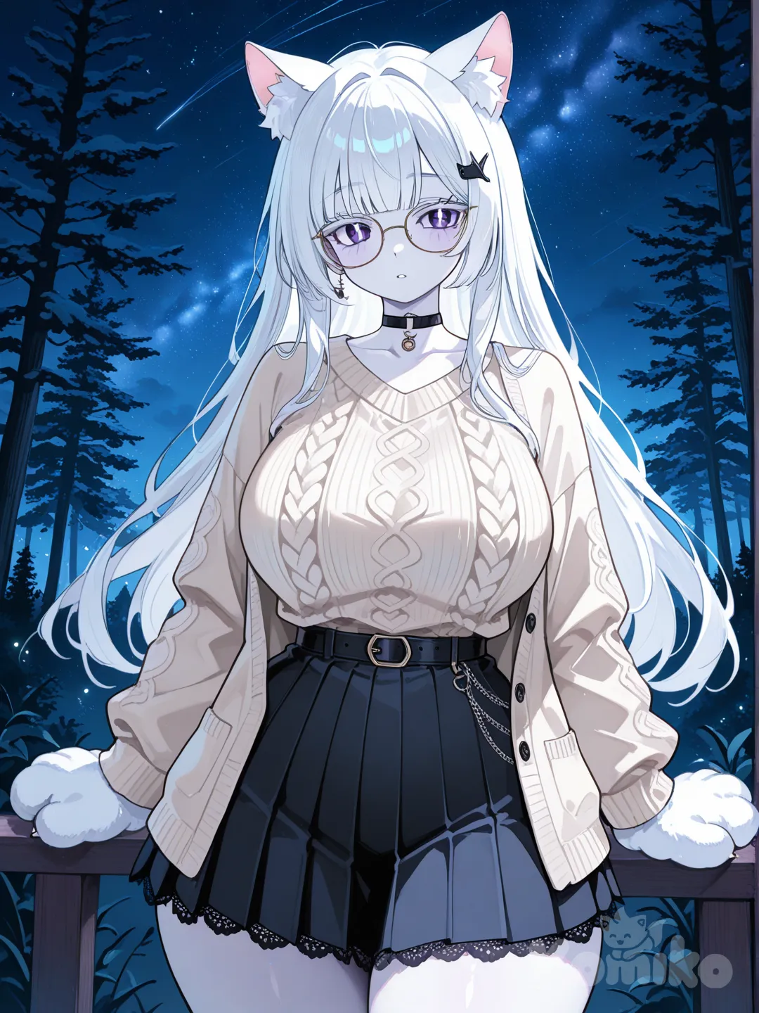 knitted cardigan, pleated skirt, lace, choker, glasses, straight bangs, ivory white, curvy body, cat paw, background trees and cats and stars and a dark night
