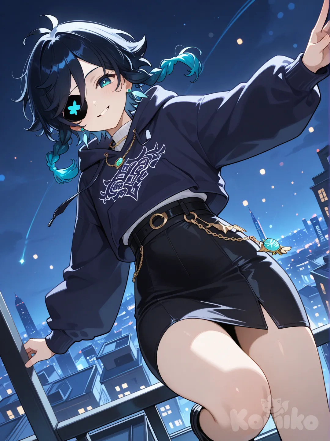 Venti_(Genshin_Impact), jumping from rooftop, smirk, hoodie, pencil skirt, hair accessory, necklace, earrings, eye patch, fluffy curls, charcoal black, blurred background, from below, city lights