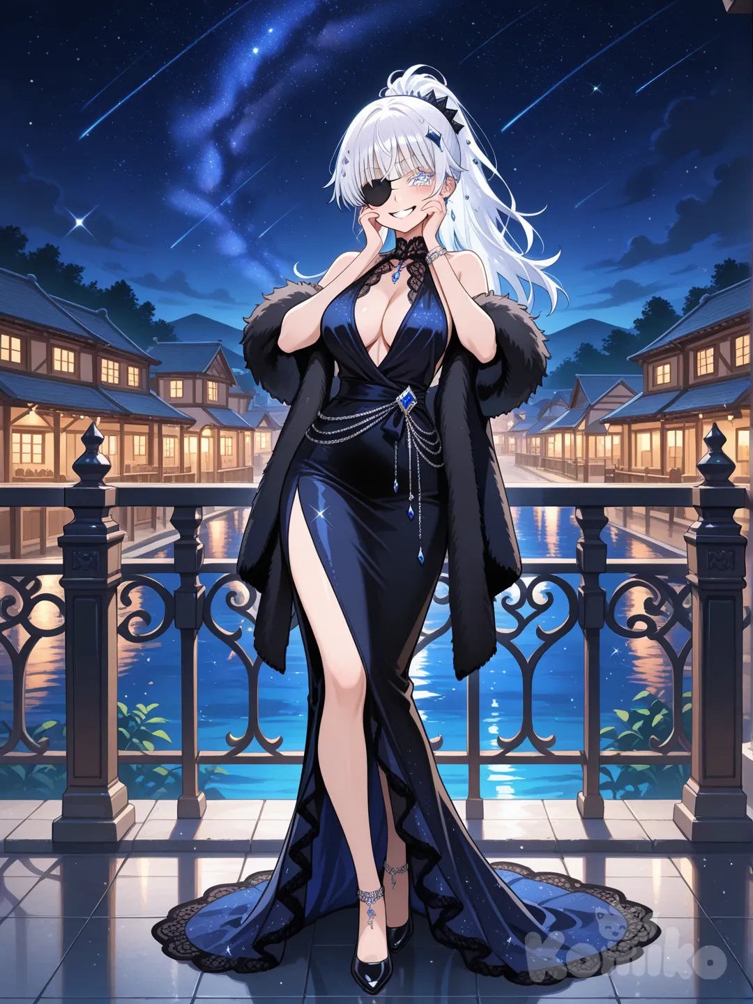 @Female gojou_Satoru , face pinching, evil smile, evening dress, lace, hair accessory, diamonds, eye patch, high ponytail, straight bangs, ivory white, full body, night, sparkle, village