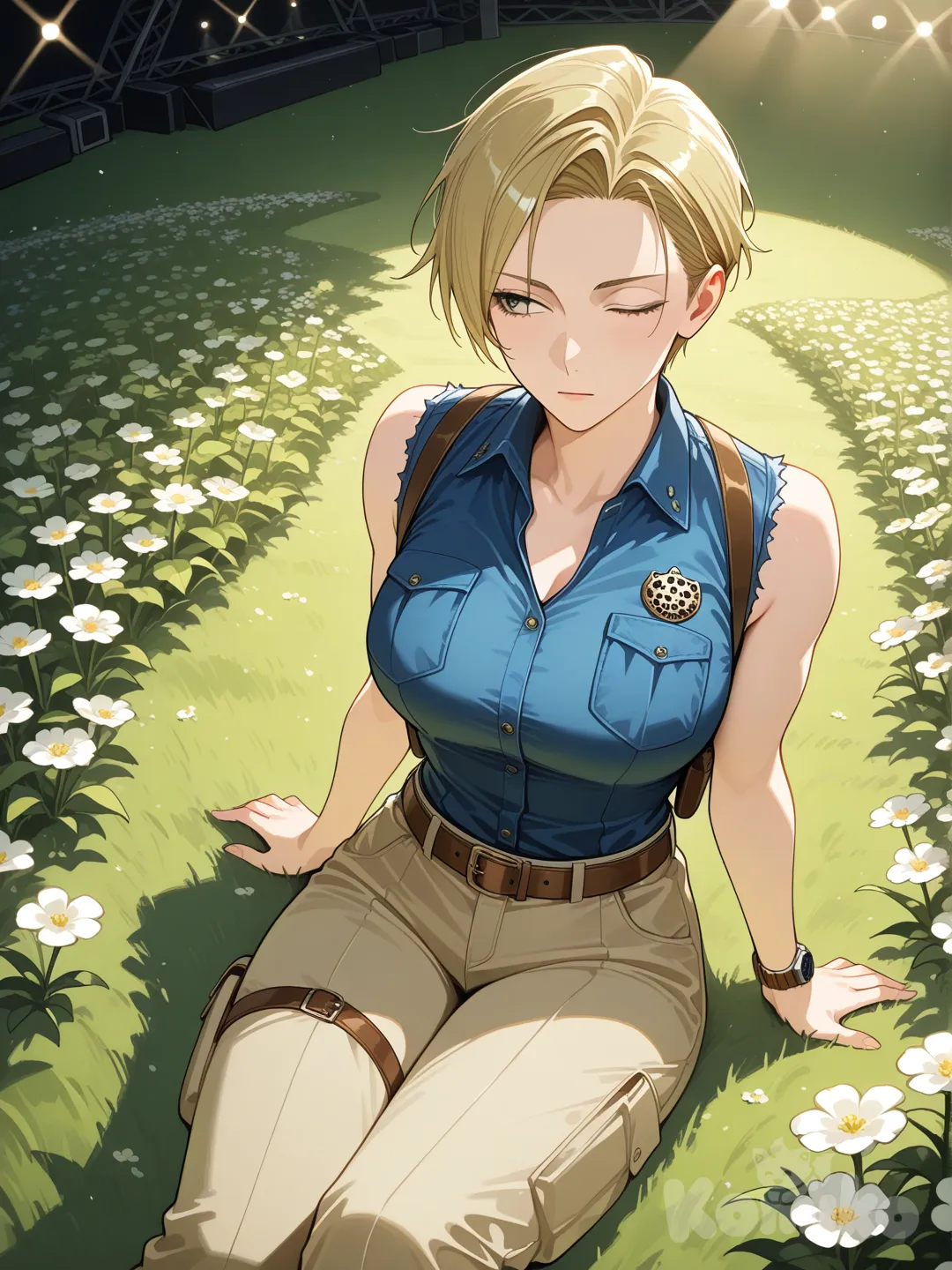 @Female nanami_Kento , sitting on the ground, one eye closed, vest, cargo pants, ruffles, digital watch, straight bangs short curly hair, from above, stage light, flower field