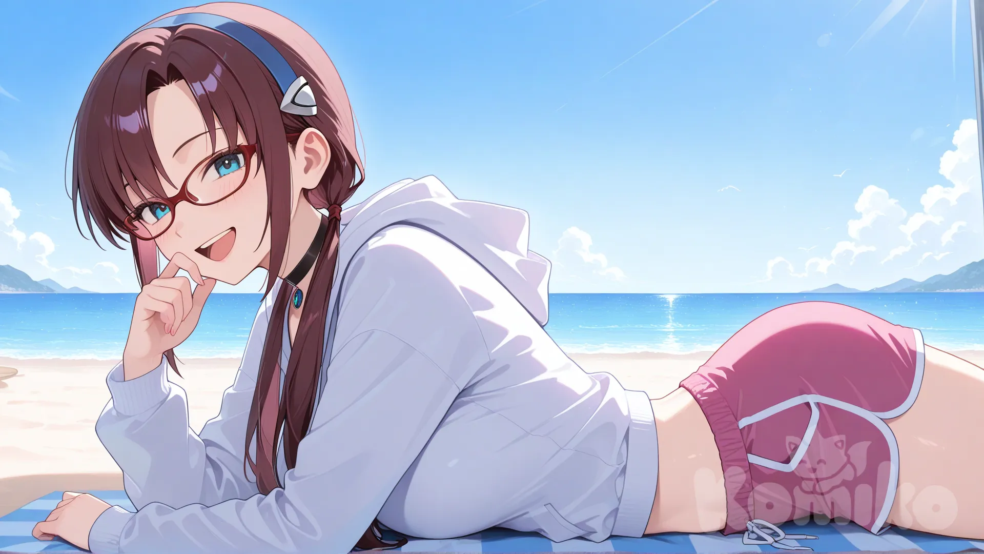 Makinami Mari Illustrious , lie on stomache, laughing, hoodie, beach shorts, lace, choker, side ponytail, fuchsia, looking at viewer, side light, blue sky, cafe