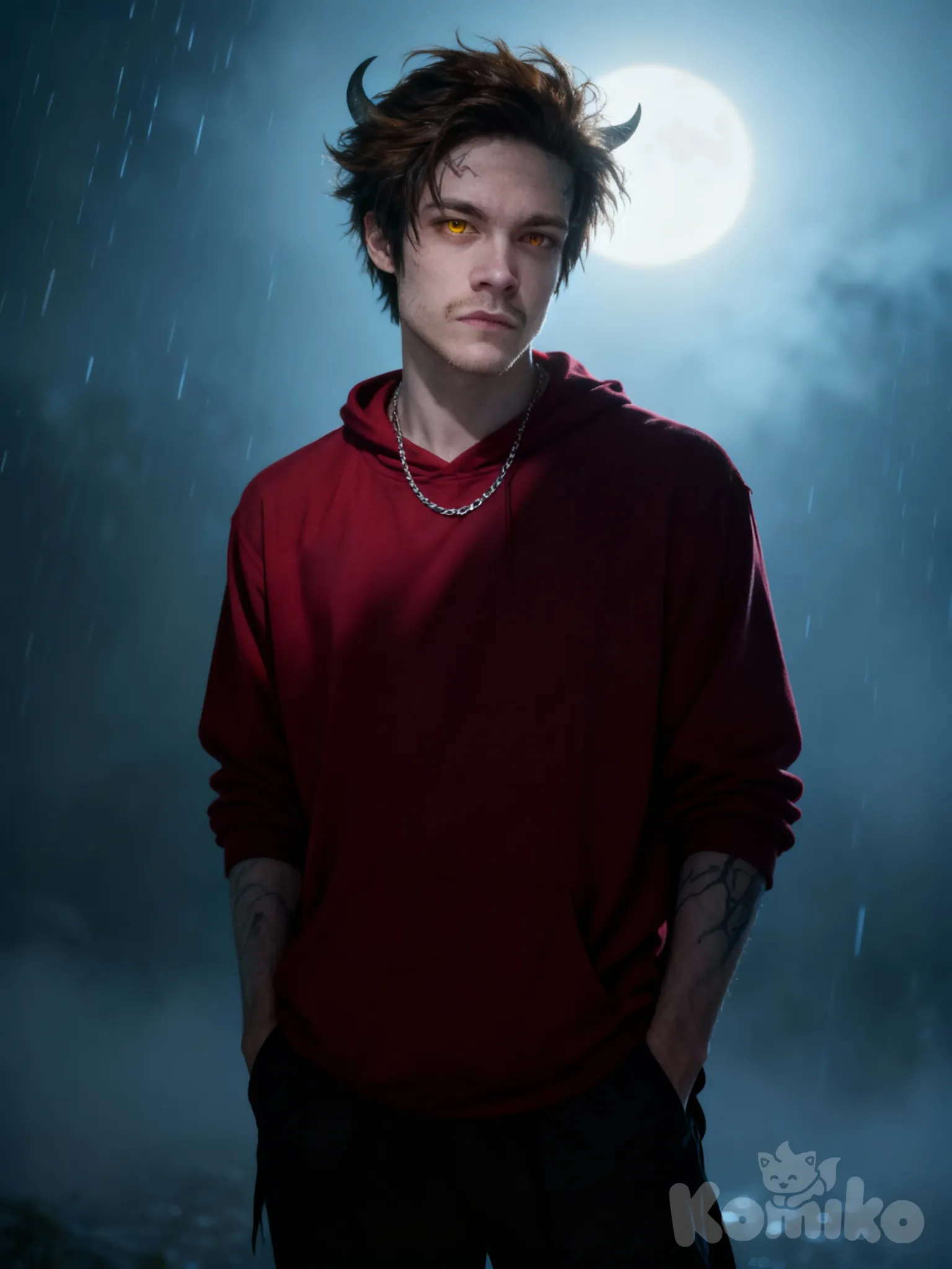 A full-body portrait of a single man embodying an original Demon Slayer character with subtle demonic artistic features woven into his essence, such as faint shadowy veins tracing his ghostly pale skin, Long torso, Ethereal shadowy horn, short tousled brown hair that catches the light with an otherworldly sheen, intense piercing brown eyes that glow faintly with inner fire, 1 yellow eye, a silver necklace dangling like a cursed talisman, and a sharp perky nose accentuating his predatory grace, depicted in a confident stance with hands casually tucked into his pockets, gazing directly at the viewer with an enigmatic intensity that hints at hidden depths, all rendered in hyper-realistic detail under dramatic lighting that casts deep shadows and highlights across his form against a misty, moonlit backdrop with a little bit of rain drizzle