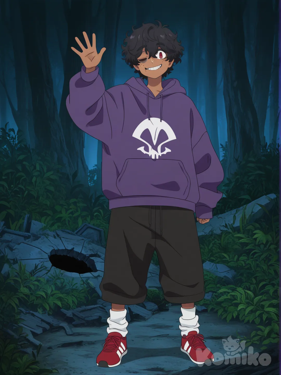 --- 
 
Megumi é um garoto de pele cor Siena, com algumas fracas sardas na bochecha tendo duas pintas na bochecha direita e uma única ma esquerda. Ele tem olhos vermelhos com olheiras rasas abaixo dos olhos. Sua boca é pequena e constantemente mantida ocm um sorriso fraco e imutável. Seu cabelo é preto, curto e volumoso, tendo alguns cachos pequenos em seu cabelo ondulado. Megumi também tem um buraco pequeno em cada uma das Palmas das mãos. 
 
Seu traje habitual consiste em roupas que cobrem bastante o corpo, refletindo sua natureza preguiçosa e reclusa. Boa parte delas são estampadas com marcas de franquias famosas de vídeo games. E ele sempre usa meias, as meias nunca saem. , [pop-anime-style], waving, smile, evil smile, one eye closed, full body, ambient light, forest, ruins