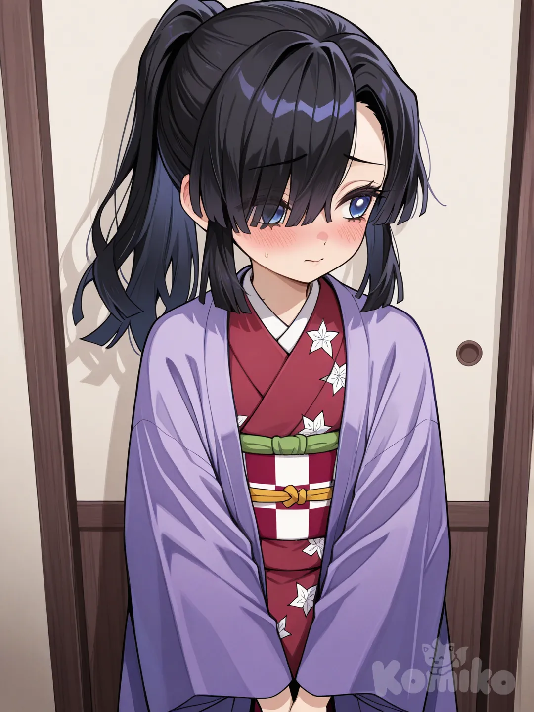 Demon slayer, Длинные полностью тёмные волосы, копия Гию, только мягкая, стеснительная и не решительная, низкого роста, в красном кимано и тёмно-сереневом хаори, волосы по структуре такие же как у Гию, синие глаза.