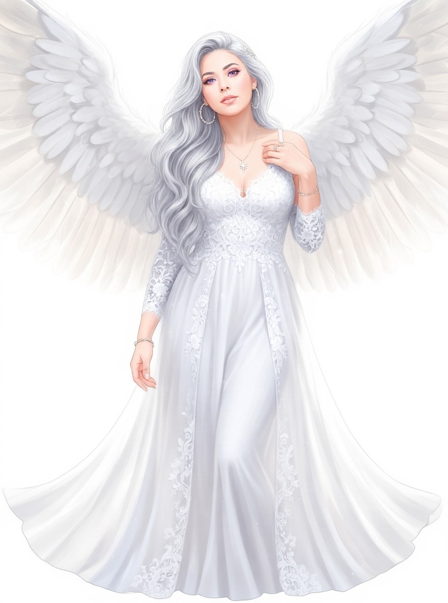 Angel, silver hair, long hair, purple eyes, feathered wings, white dress, dress, glowing, blush, pale skin, slim, dynamic pose, fierce expression, single character, full body, looking at viewer, anime style, simple background, white background