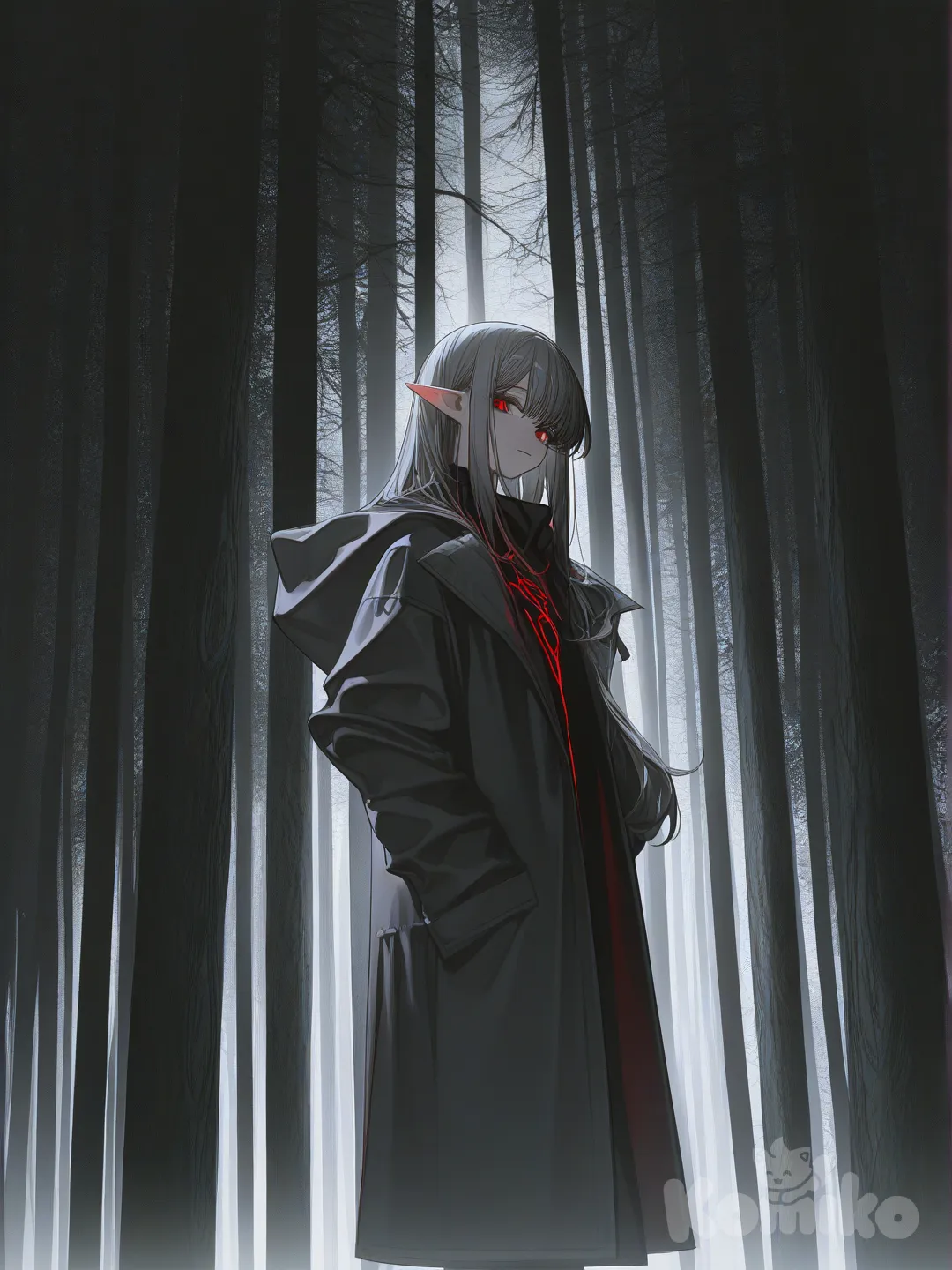 uma elfa linda pele branca linda olhos vermelho como sangue ,cabelo cinza , casaco com capuz estampa de escritura de runas vermelho e cinza e preto, ambientação,: arvores gigantesca ela ta em pe de frente e no meio de uma floresta escura e fria segurando capuz ,ambient light, backlight, cinematic lighting, stage light, [high-contrast-glossy-style]