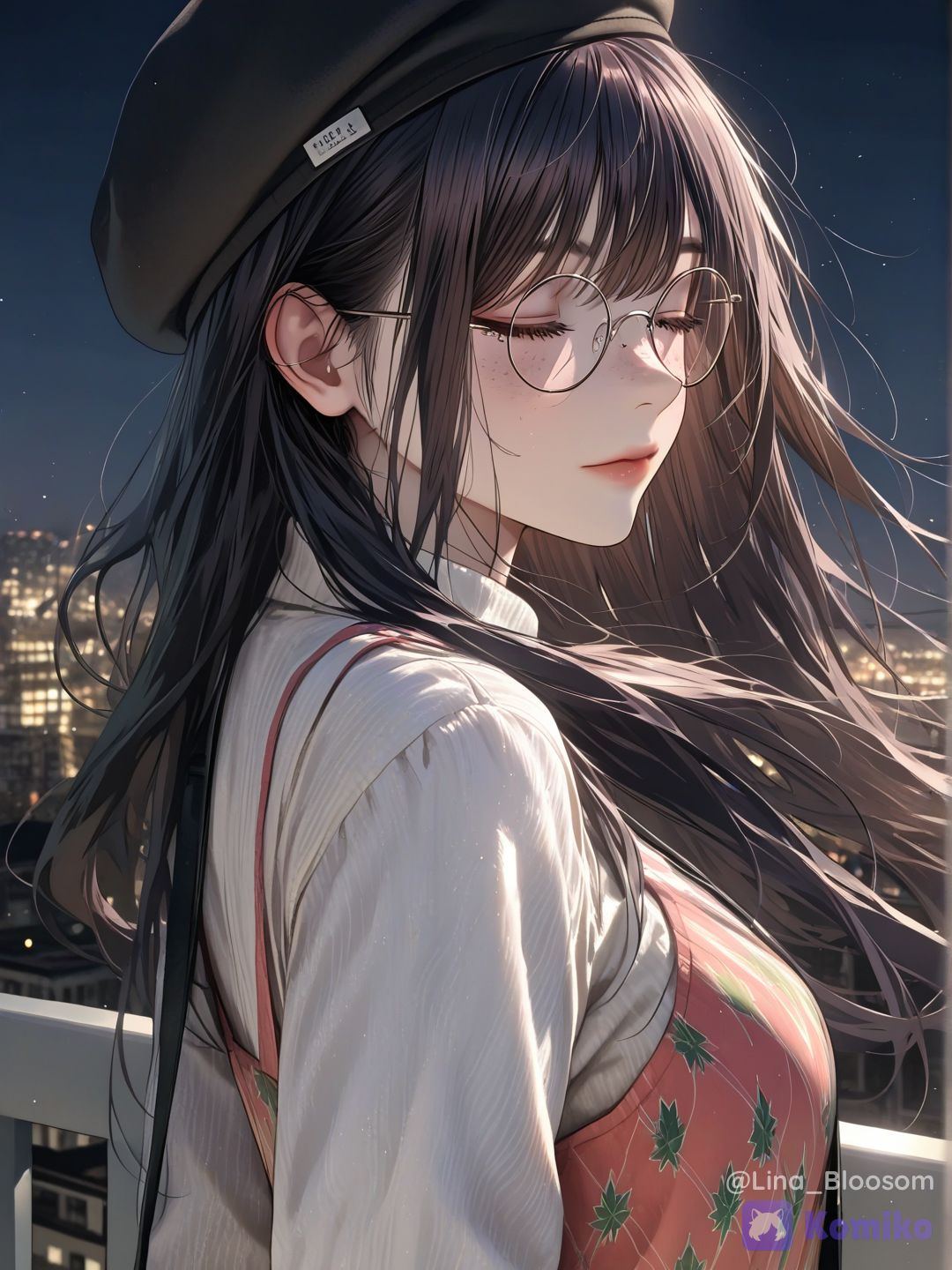1girl, leaning back, expressionless, side view, eyes closed, long shiny black hair, hair blowing lightly in the wind, with lights, small freckles, cute ice cream and watermelon sweater, women's white round glasses, beret, abstract golden artistic butterflies like a painting, beautiful, beautiful woman, with a high level of detail, background of a night city, woman in an apartment on the balcony, stylish bright plants, neon Tokyo style, portrait, glowing particles, city lights, sparkle, iluminación cinematográfica, sombreado de piel realista, rostro hermoso, mechones de cabello, iluminación volumétrica, profundidad de campo, imagen clave de anime, pintura digital, colores vibrantes, 8K, ilustración profesional, mejor calidad, [luminous-k-portrait-style]