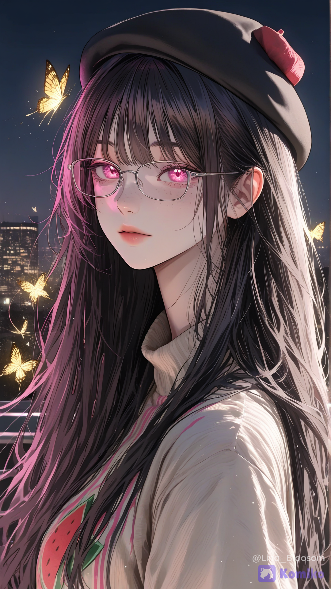 1girl, leaning back, expressionless, cabeza baja, side view, eyes open, ojos rosas radiantes mirando mariposas doradas y rosas de lucero, long shiny black hair, hair blowing lightly in the wind, with lights, small freckles, cute ice cream and watermelon sweater, women's white round glasses, beret, abstract golden artistic butterflies like a painting, mariposa con luz entre sus manos, beautiful, beautiful woman, with a high level of detail, background of a night city, woman in an apartment on the balcony, stylish bright plants, neon Tokyo style, portrait, glowing particles, city lights, sparkle, iluminación cinematográfica, sombreado de piel realista, rostro hermoso, mechones de cabello, iluminación volumétrica, profundidad de campo, imagen clave de anime, pintura digital, colores vibrantes, 8K, ilustración profesional, mejor calidad, [luminous-k-portrait-style]