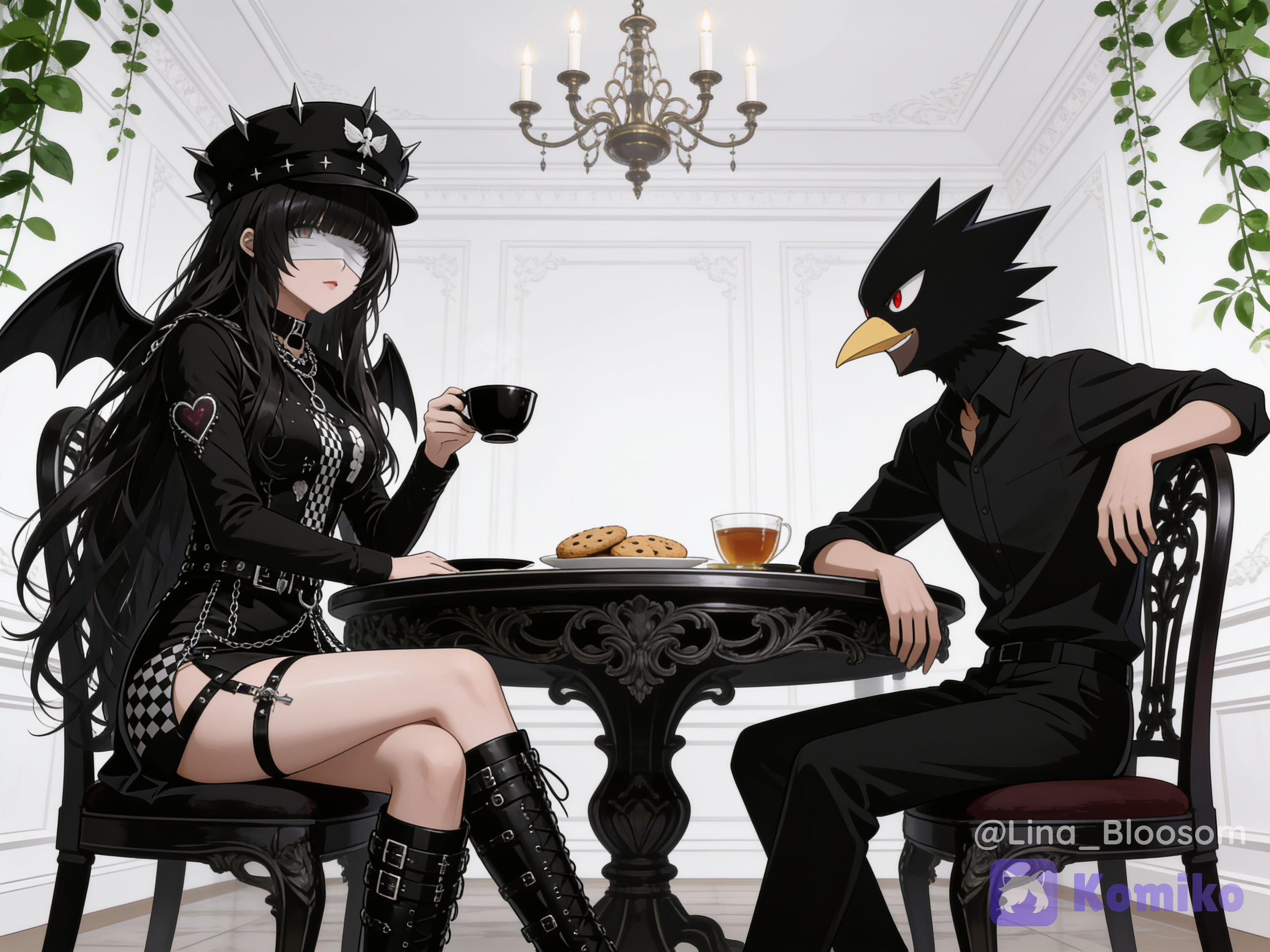 1boy, 1girl, 2people, @lawren-hearts-93WS, @fumikagetokoyami-bokunoheroacademia-S9wa, ambos sentados en un comedor, alta calidad, estilo anime moderno, mesa de comedor gótica, galletas y te encima de la mesa, paredes blancas, candelabro en el techo, plantas verdes de decoración de fondo, comedor, @lawren-hearts-93WS sentada frente al chico, mientras toma una tasa de te negro, looking at viewer, mientras que @fumikagetokoyami-bokunoheroacademia-S9wa esta mirando completamente a la chica @lawren-hearts-93WS con una sonrisa, @fumikagetokoyami-bokunoheroacademia-S9wa con uno de sus brazos apoyado en la mesa, el otro brazo recostado en su silla, @fumikagetokoyami-bokunoheroacademia-S9wa usando una camisa negra y pantalones negros únicamente, imagen alta calidad, estilo semirealista anime, 8K calidad, mejor calidad, [pop-anime-style]