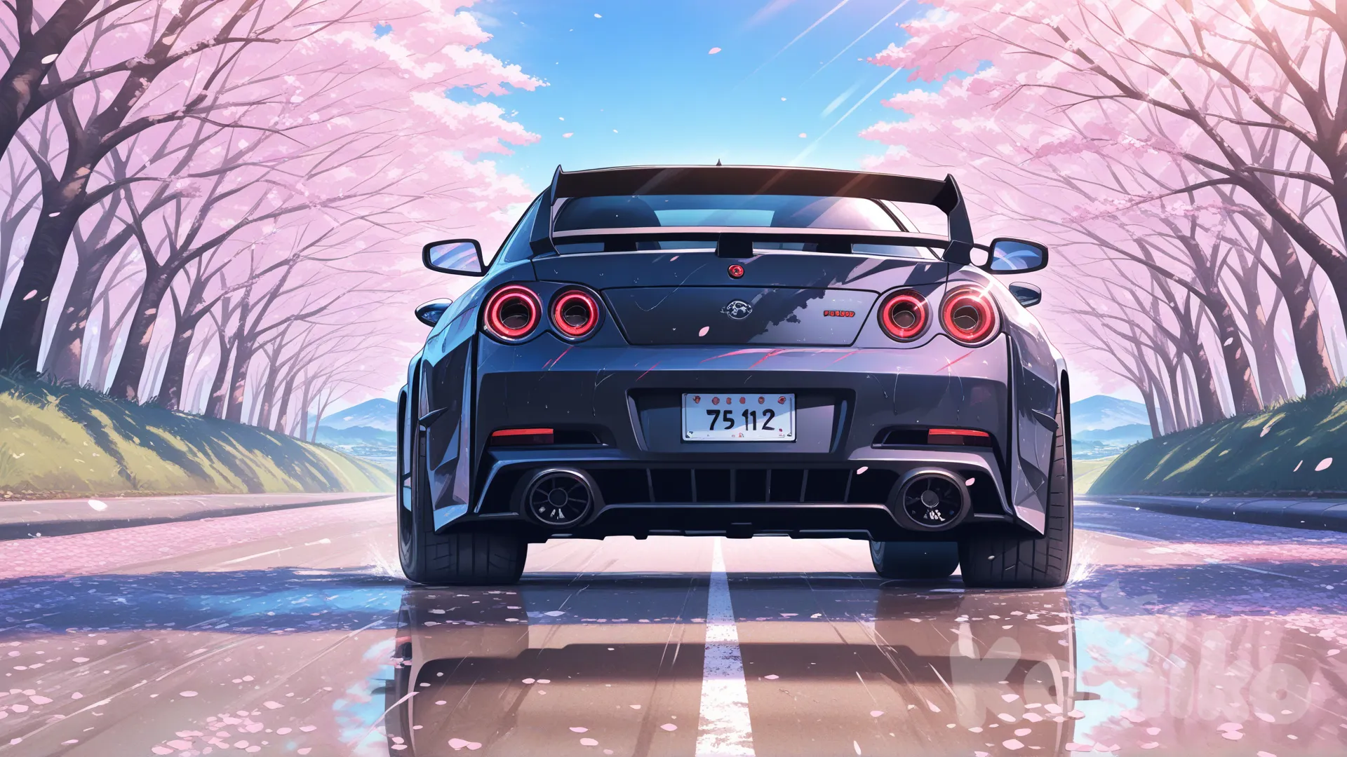ângulo baixo traseiro dinâmico de um Nissan Skyline GT-R R34 prateado fazendo drift em uma estrada sinuosa nas montanhas japonesas (touge). Árvores de cerejeira (sakura) ladeando a estrada com pétalas rosa caindo ao vento. Céu azul vibrante, montanhas verdes exuberantes ao fundo. Iluminação cinematográfica, luz do sol refletindo no asfalto, desfoque de movimento para indicar alta velocidade. Um carro vermelho é visível à distância à frente. Estética inspirada em Makoto Shinkai, alta saturação, fundo detalhado, resolução 8k, obra-prima